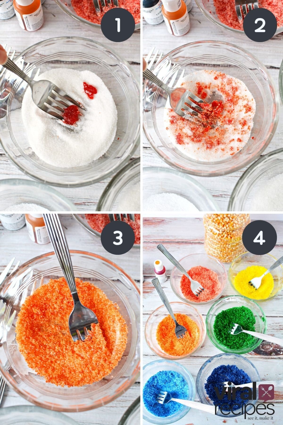 how to add gel food coloring to white sugar for kettle corn.
