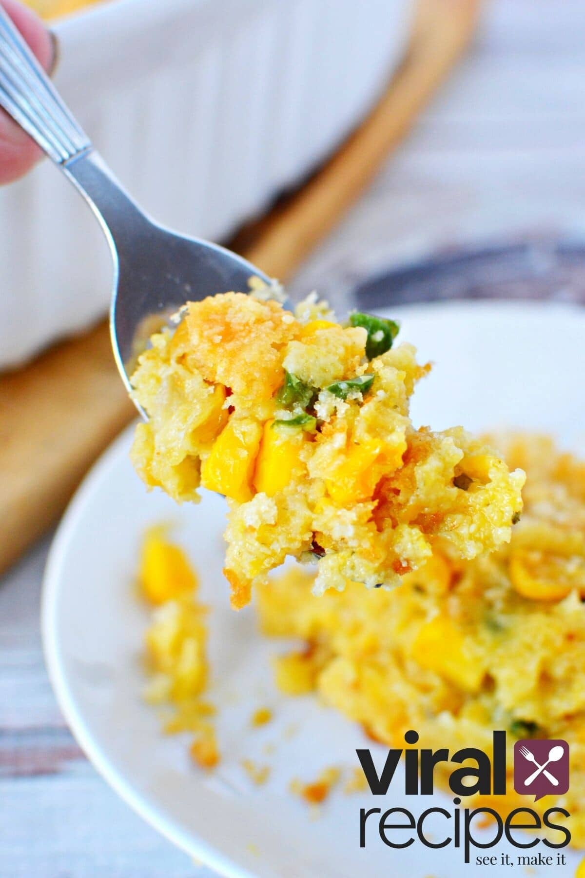 tiktok caliente corn casserole on a fork.