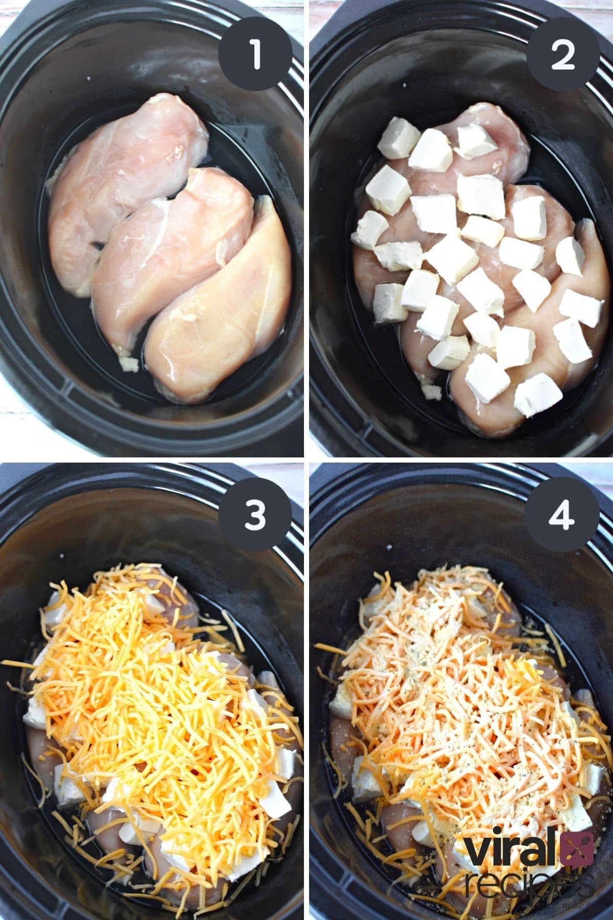 tiktok crack chicken recipe collage of how to layer ingredients in slow cooker.