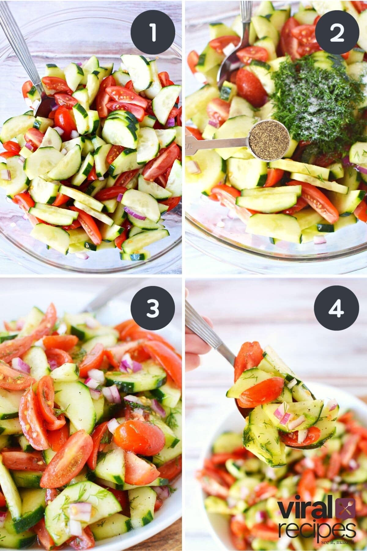 mixing together cucumber, tomato and red onions for salad recipe.