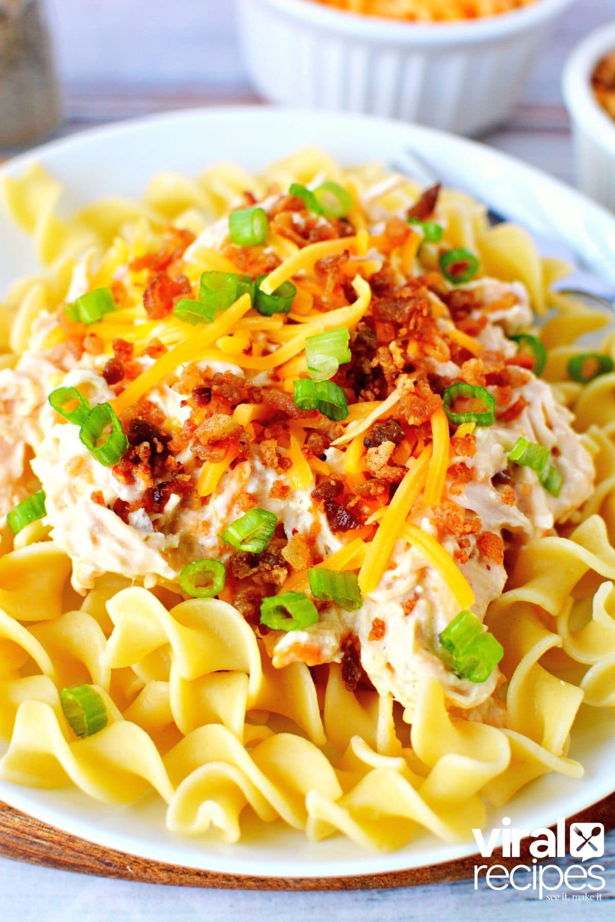 egg noodles on a plate with crock pot chicken.