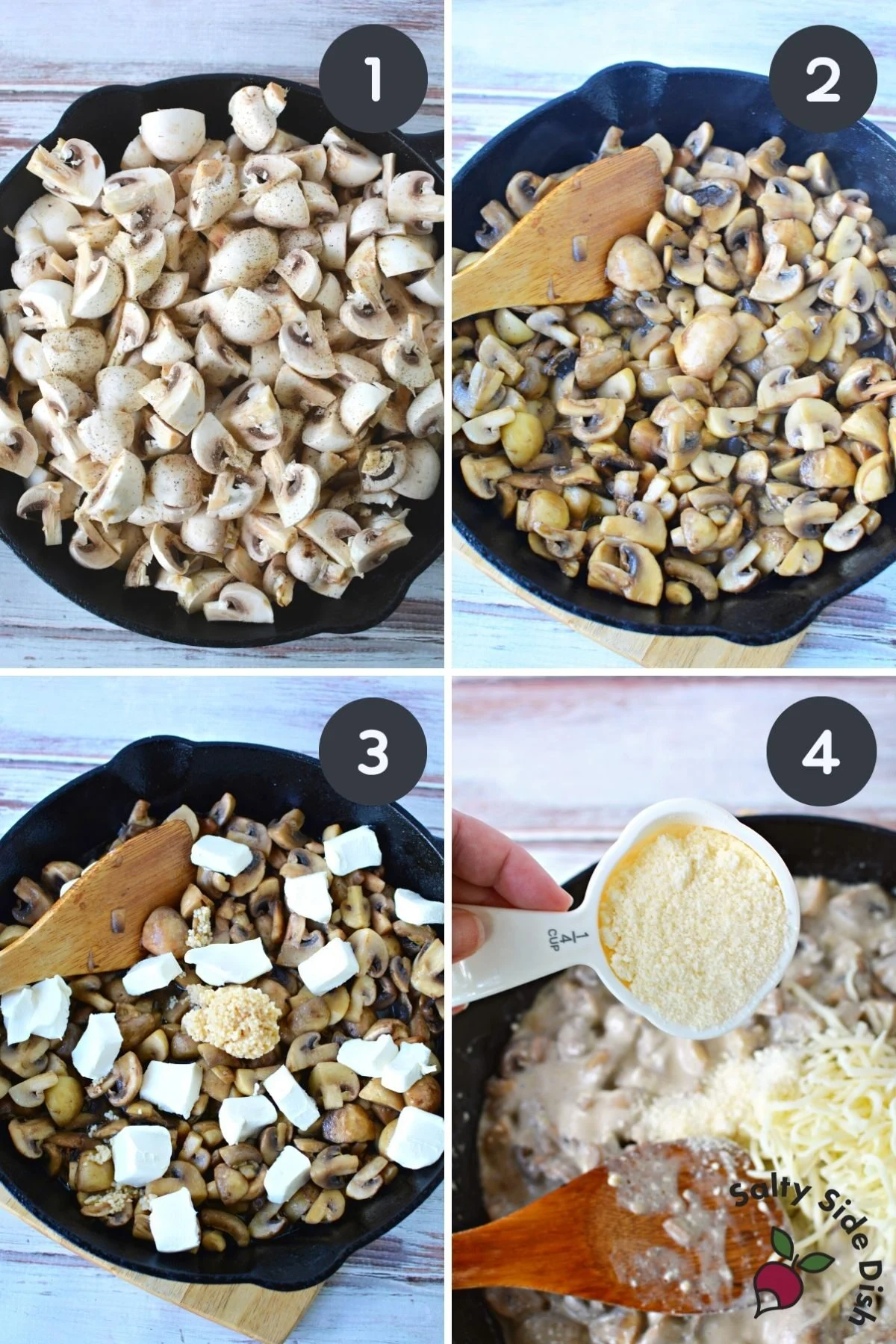 cast iron pan with mushroom casserole ingedients.