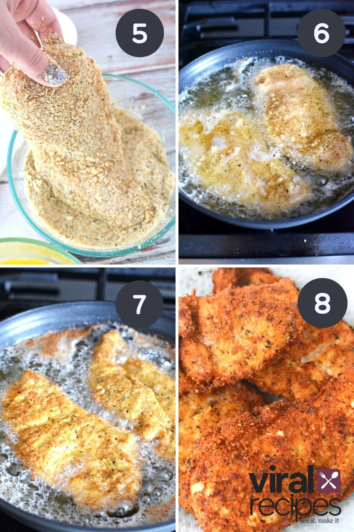 collage that includes dipping chicken and frying on a stove.