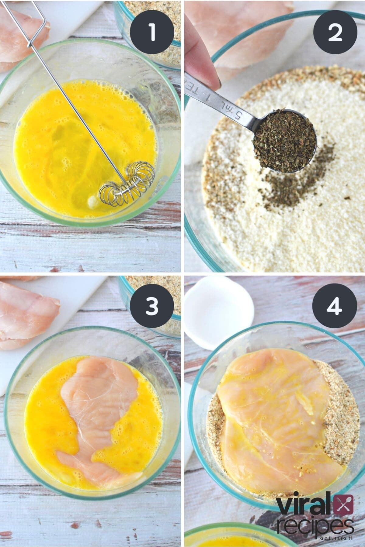 collage of coating chicken with egg and bread crumbs.