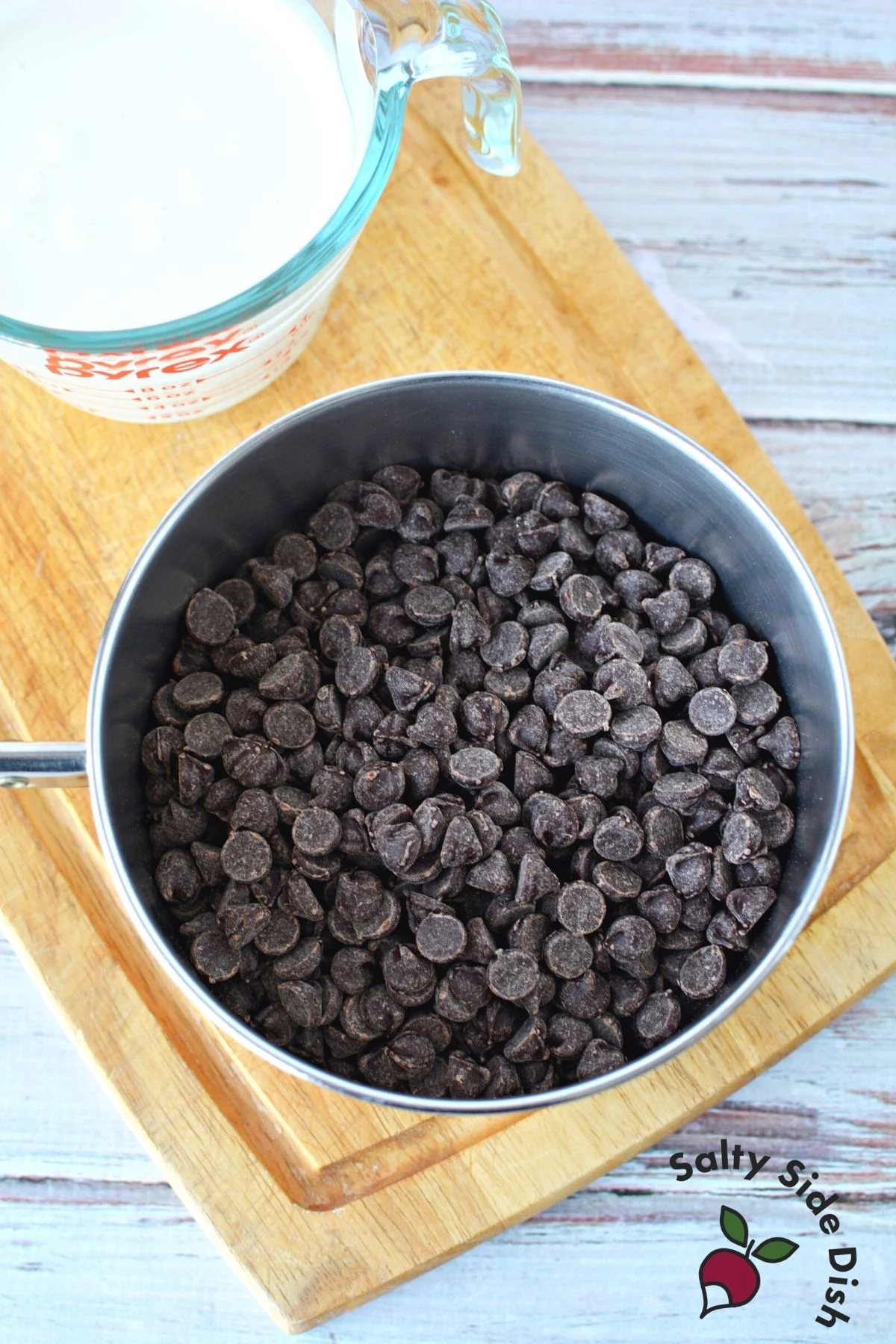 chocolate chips in a pan.