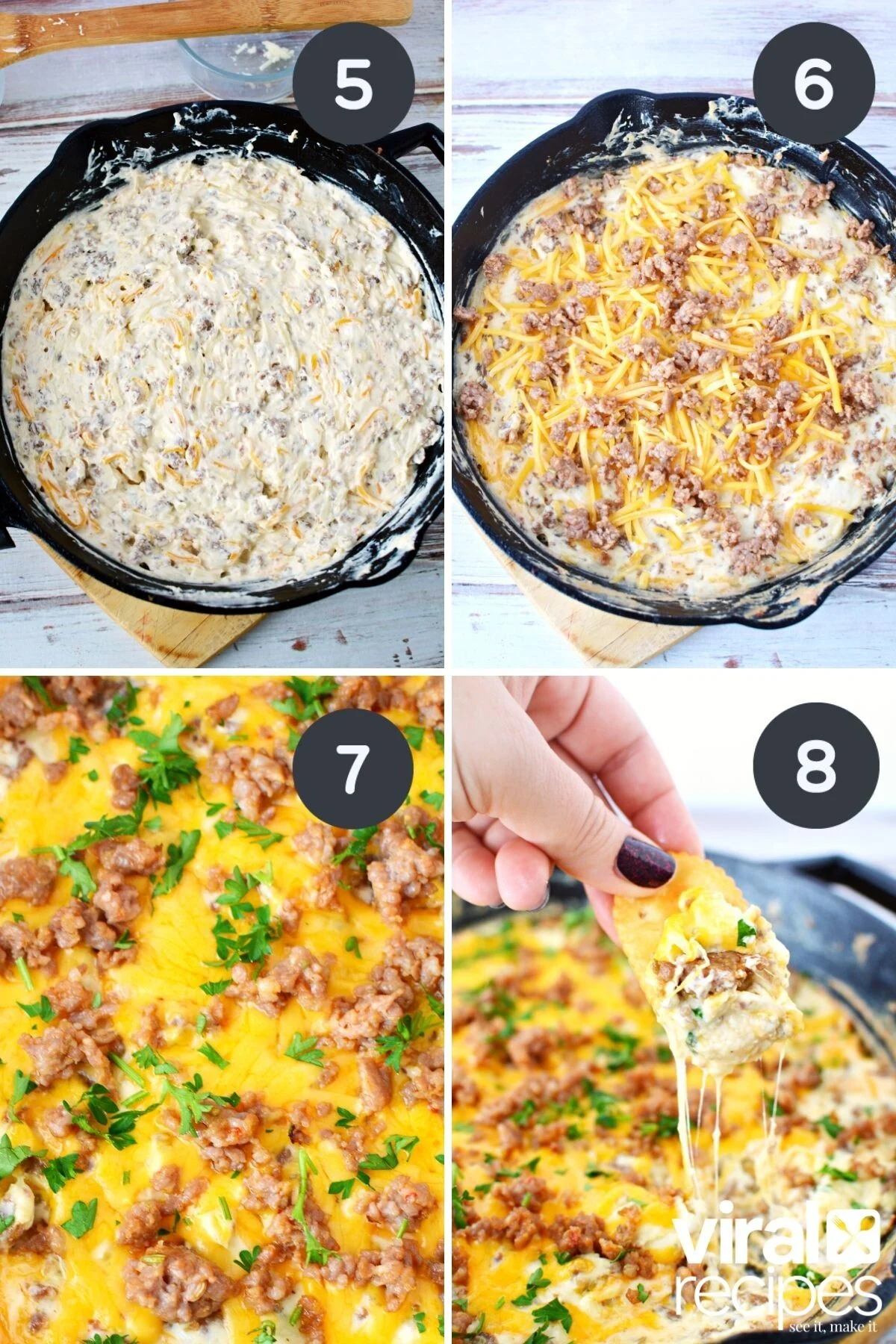 creamy cheesy sausage dip in a cast iron pan.