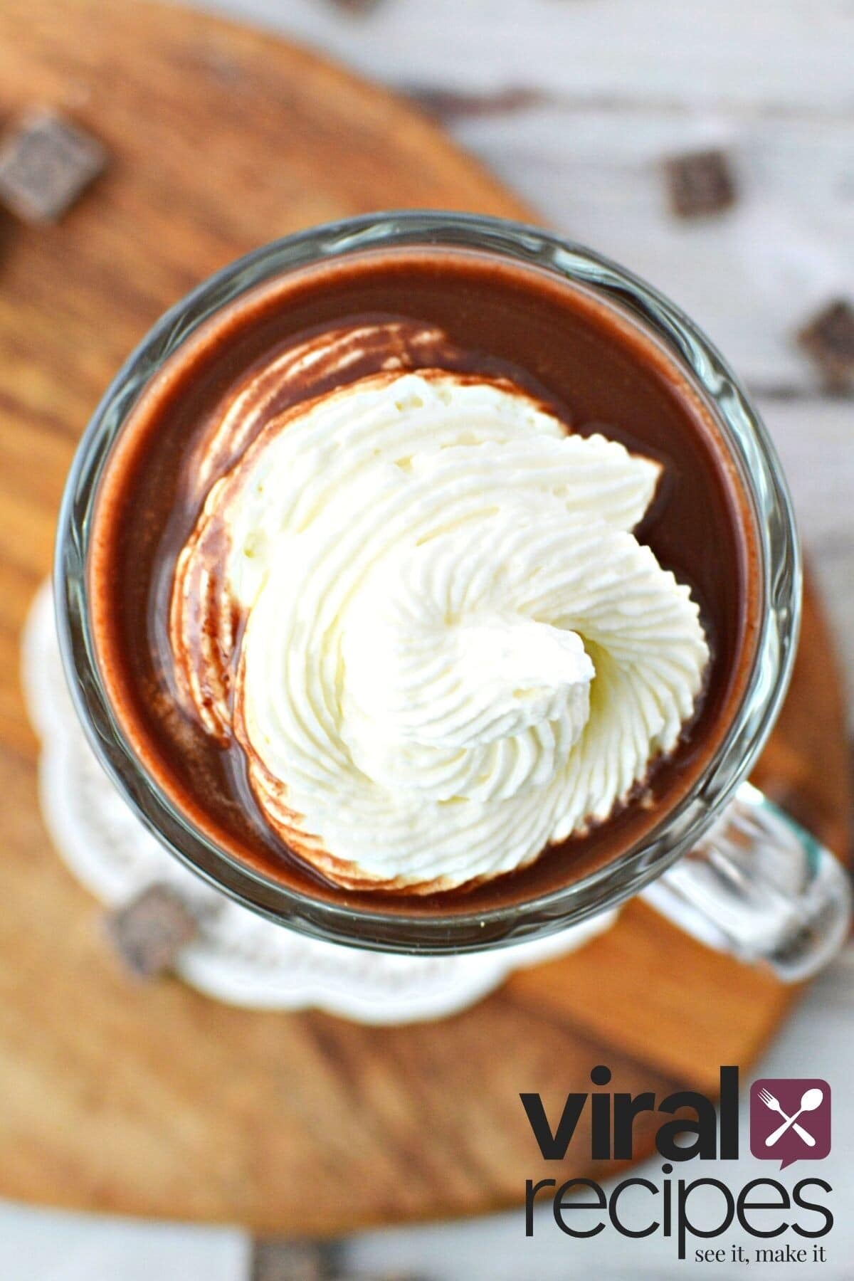 homemade hot chocolate in a mug with whipped cream topping.