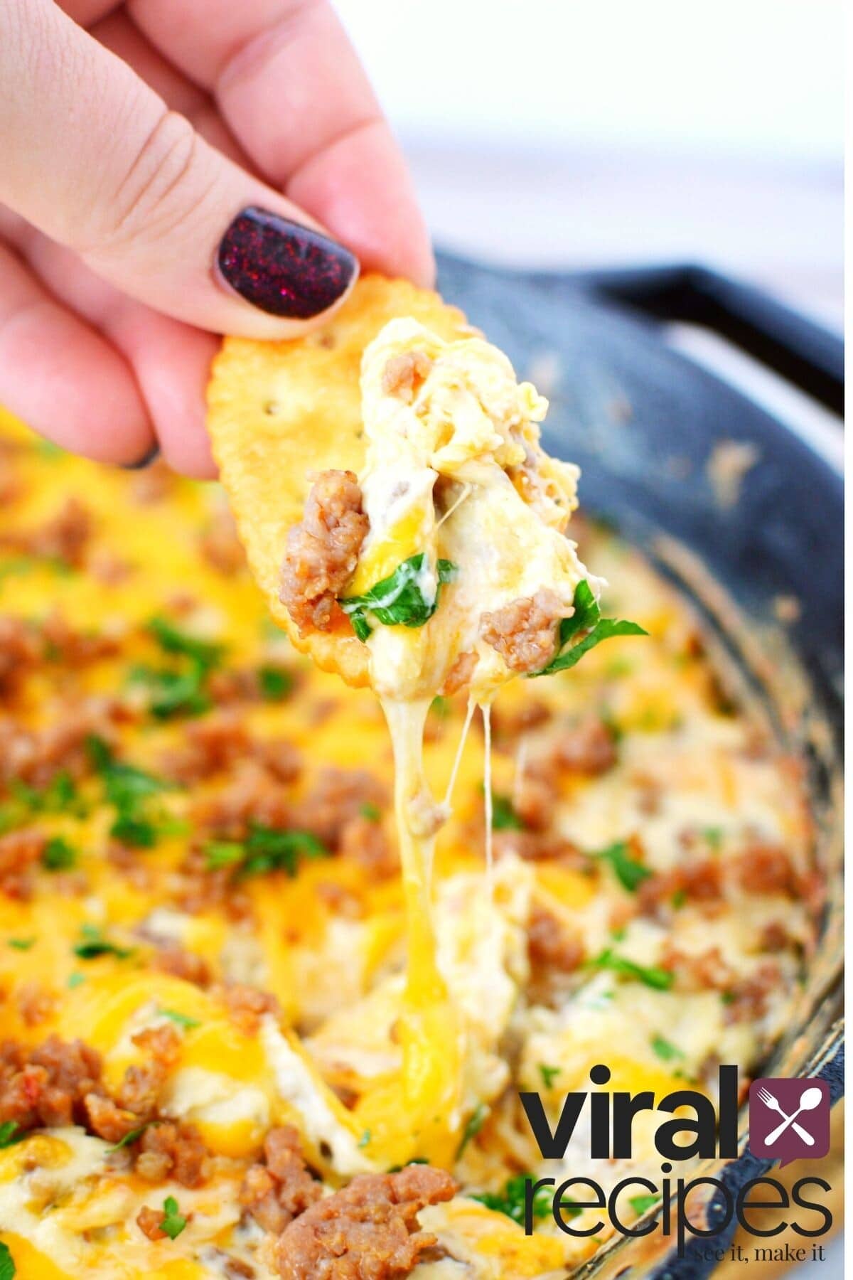 chip with cream cheese dip on it.
