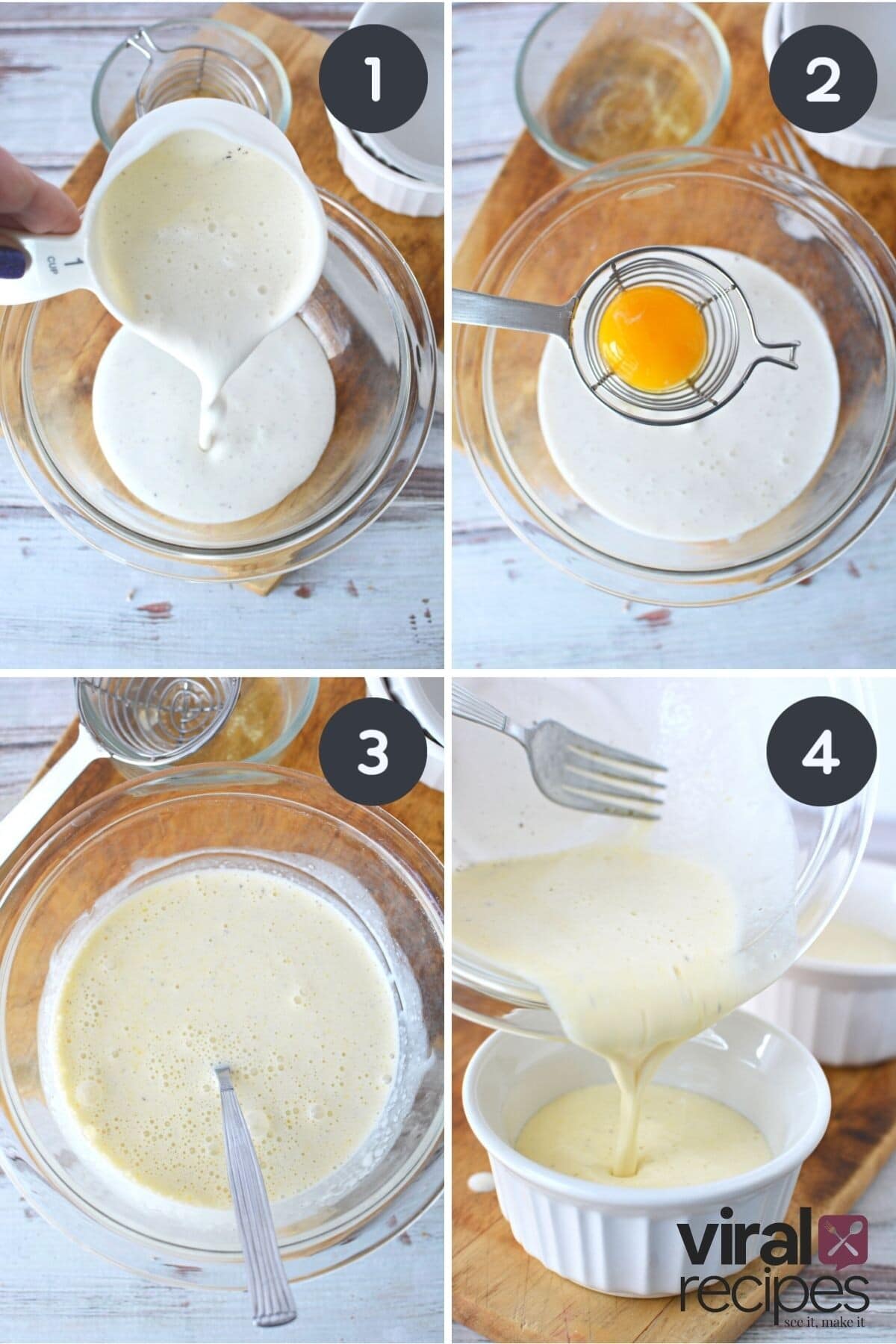 combining ice cream and eggs for creme brulee.