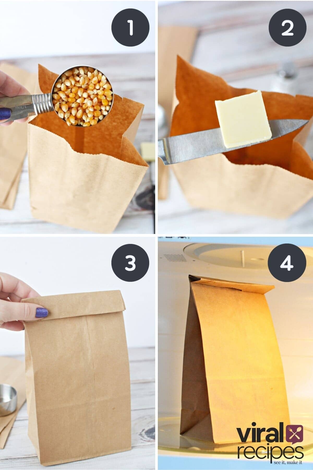 adding popcorn kernels and butter to a brown paper bag.