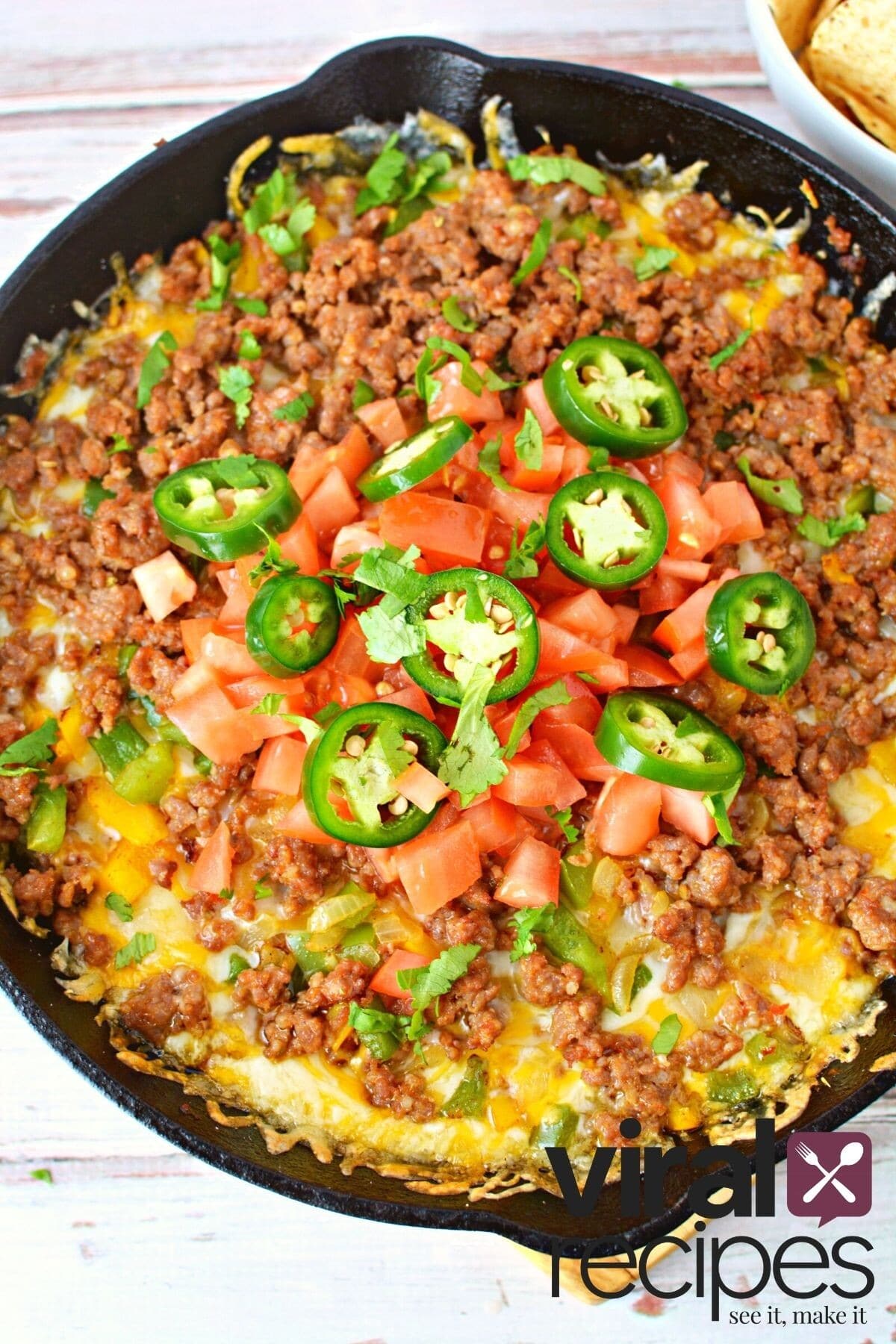 cast iron skillet with queso.