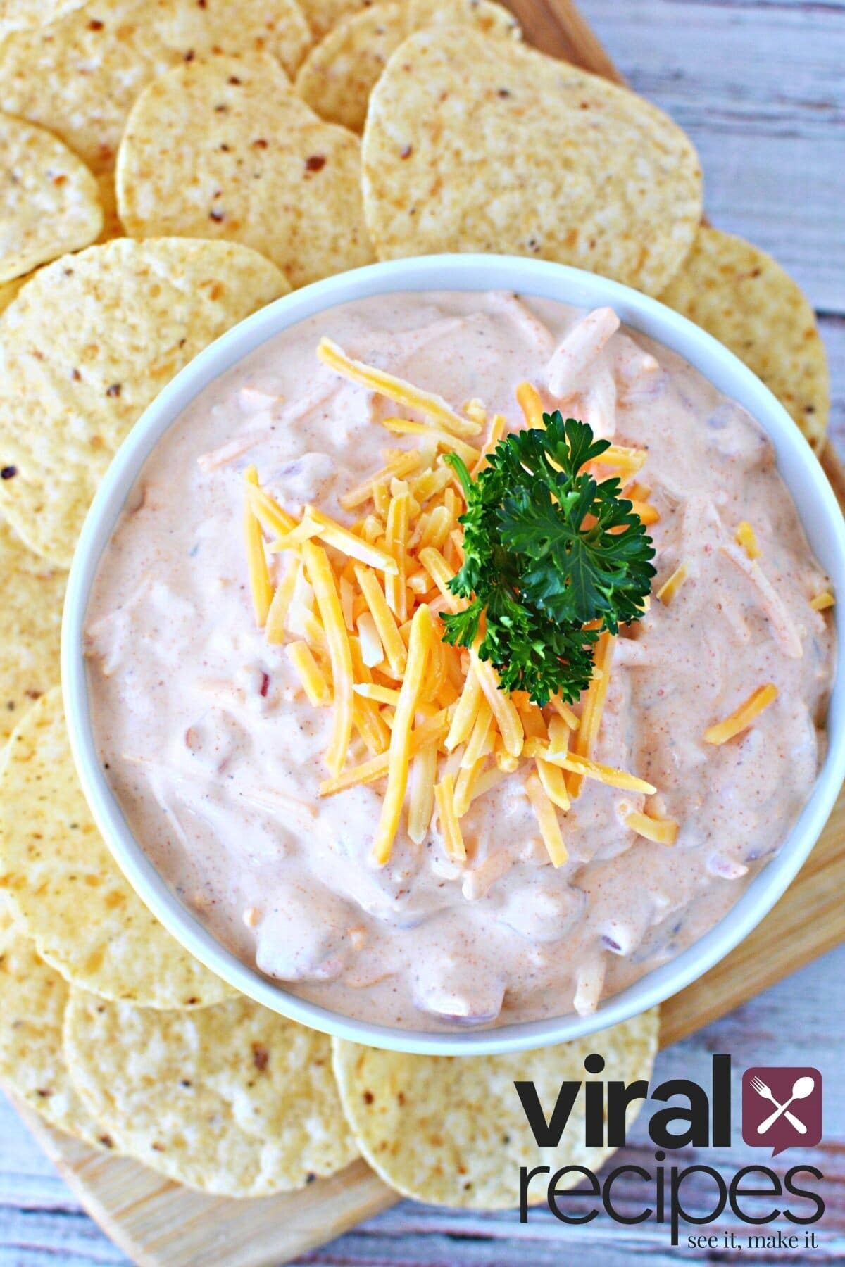 large bowl of tiktok boat dip with tortilla chips.