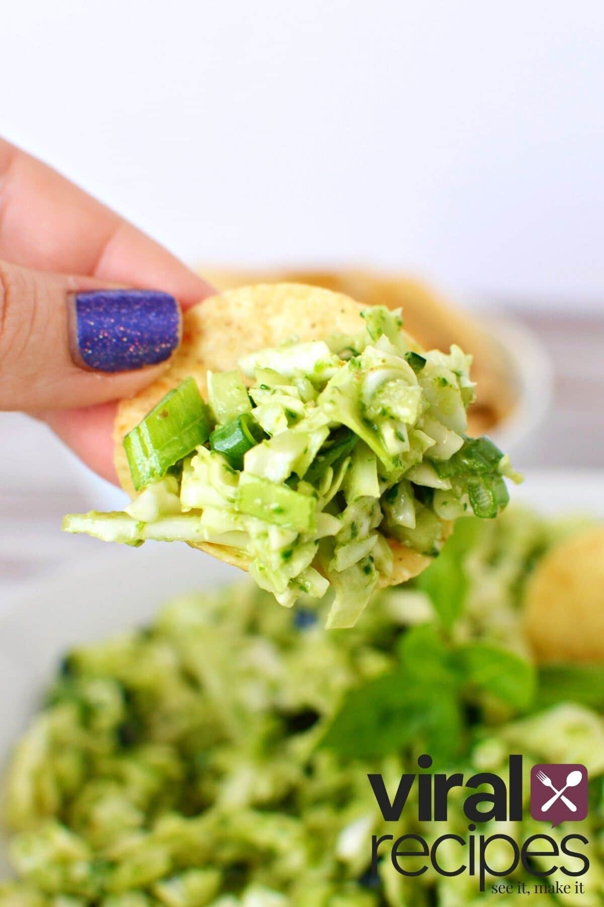 green goddess dip on a tortilla chip.