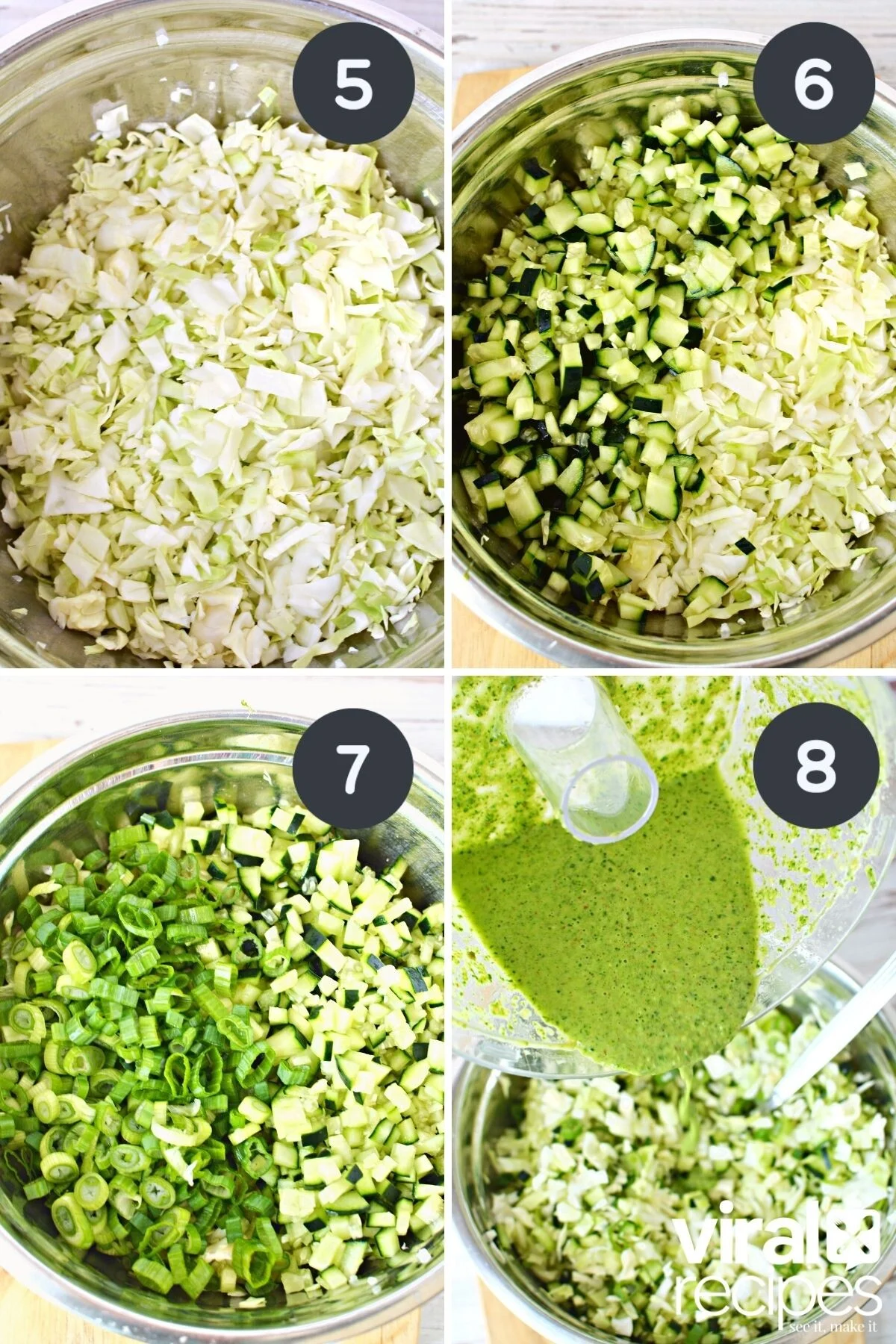 combining salad recipe together and pouring on dressing.
