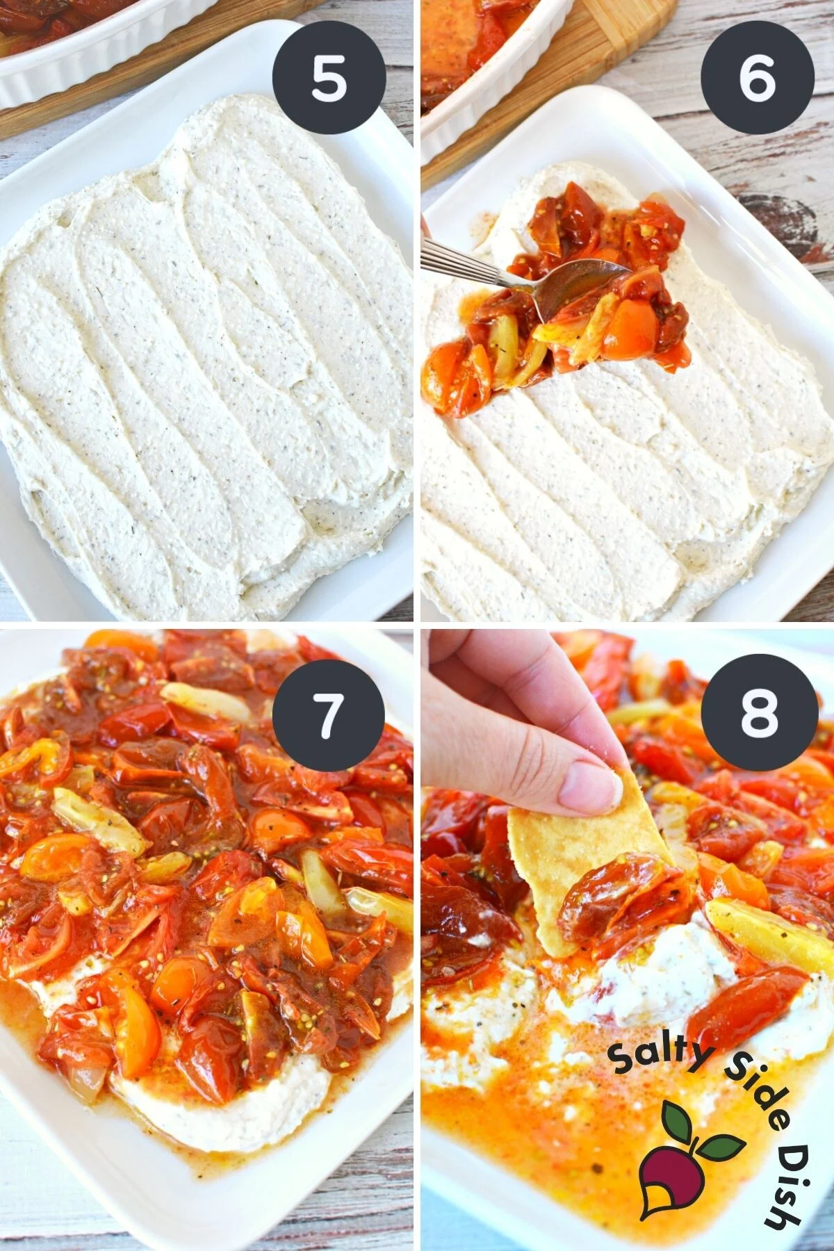 appetizer being assembled on a white serving plate.