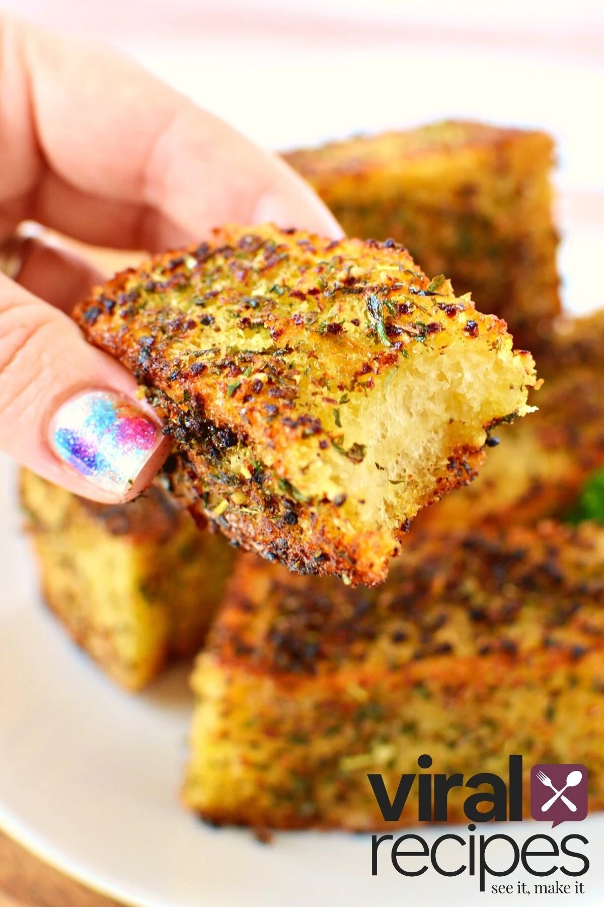 bite out of garlic bread.