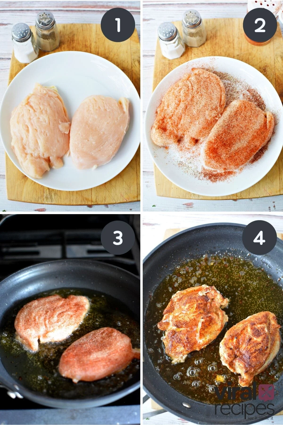 chicken breast in cast iron pan being cooked on stove.