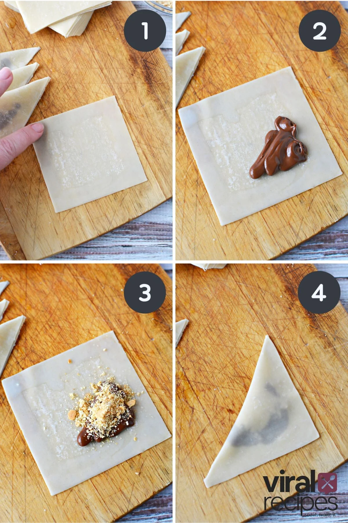 step by step on how to fill a dessert samosa.