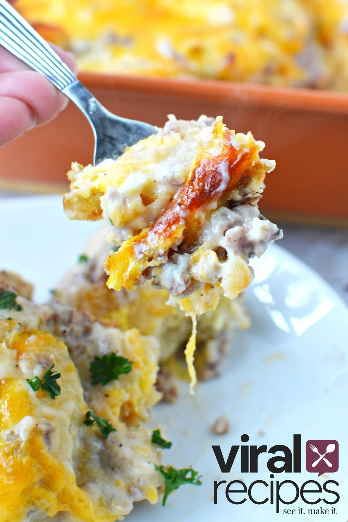 breakfast casserole on a fork.