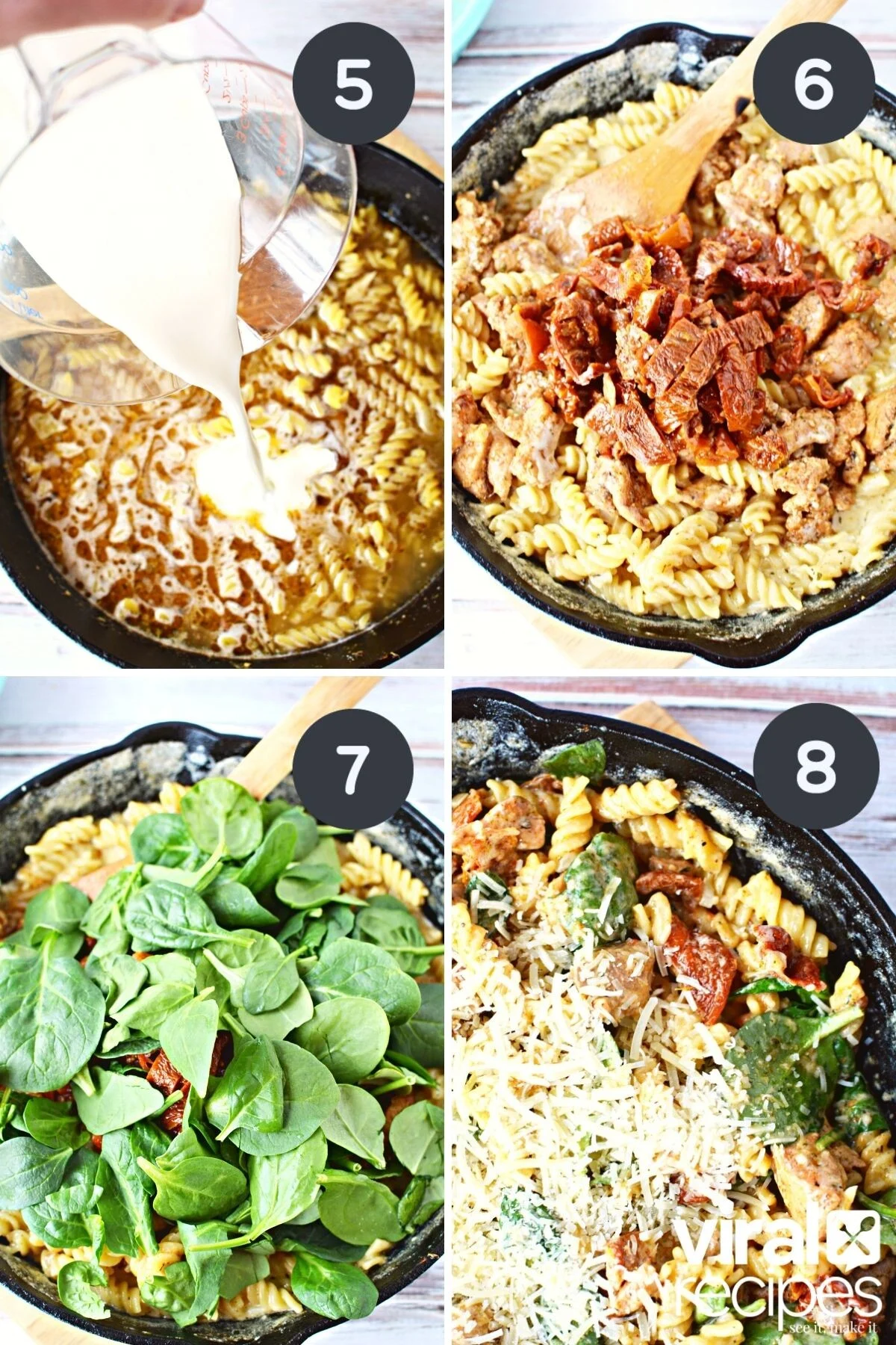pasta and chicken recipe showing how to make in a cast iron pan.