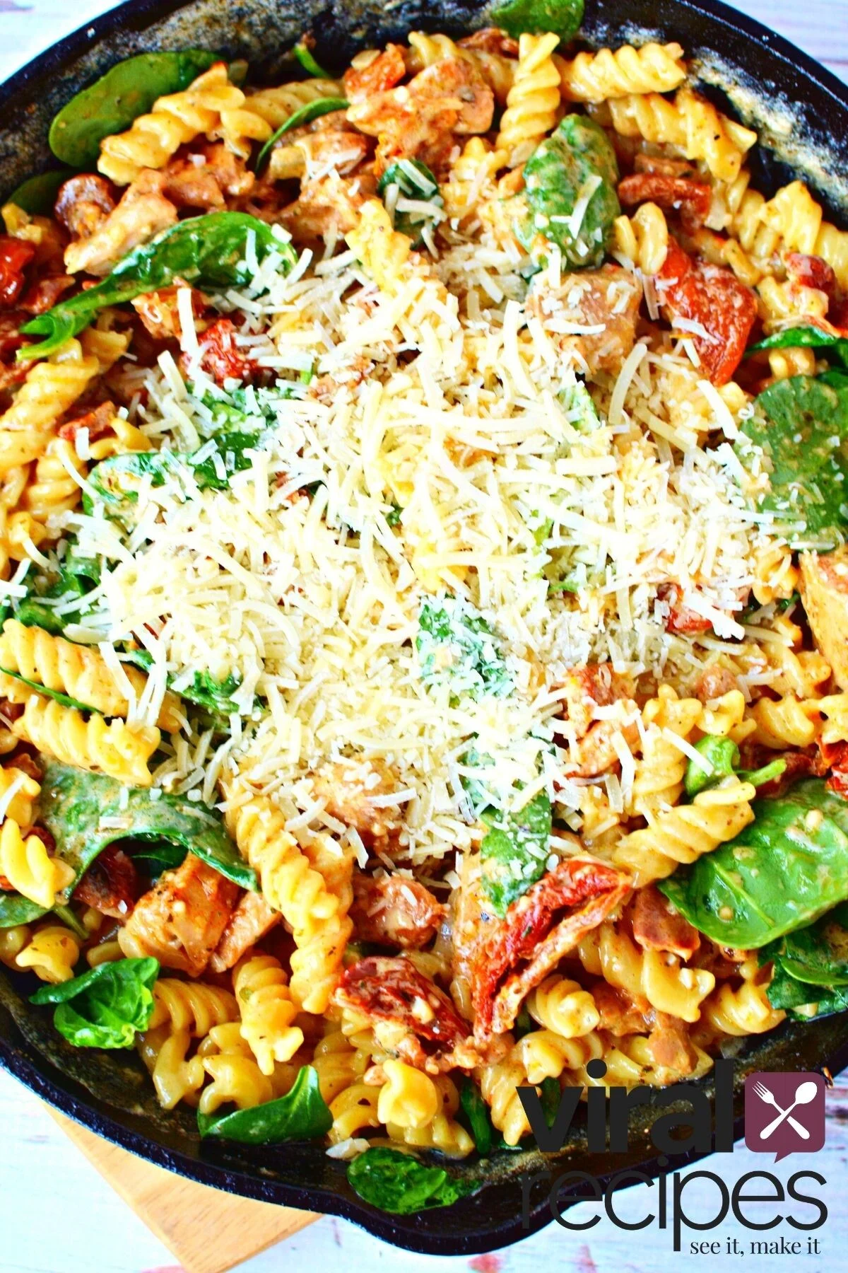 tomato and chicken pasta in a one pan dish.