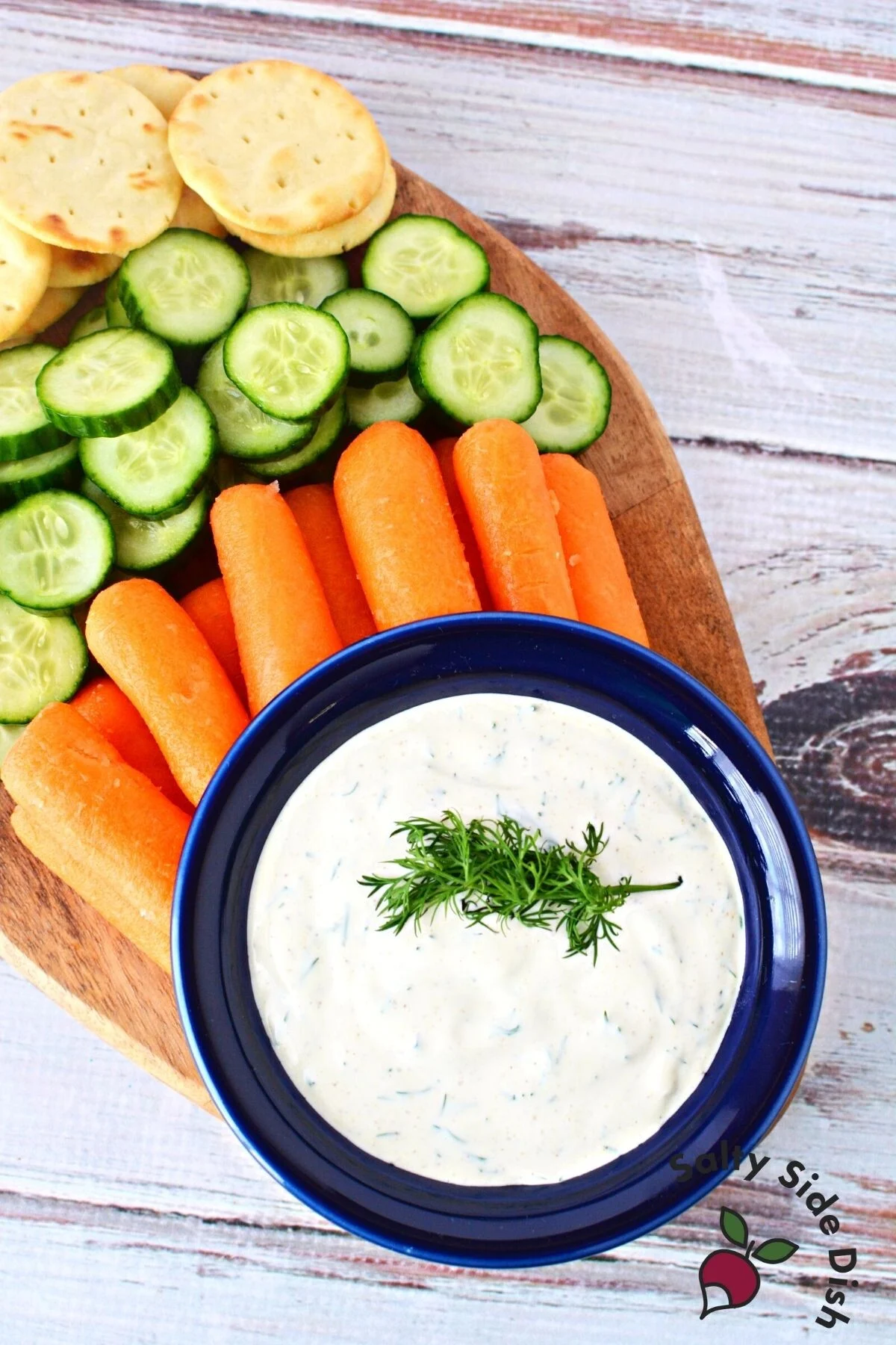 plate of vegetables and dill dip.