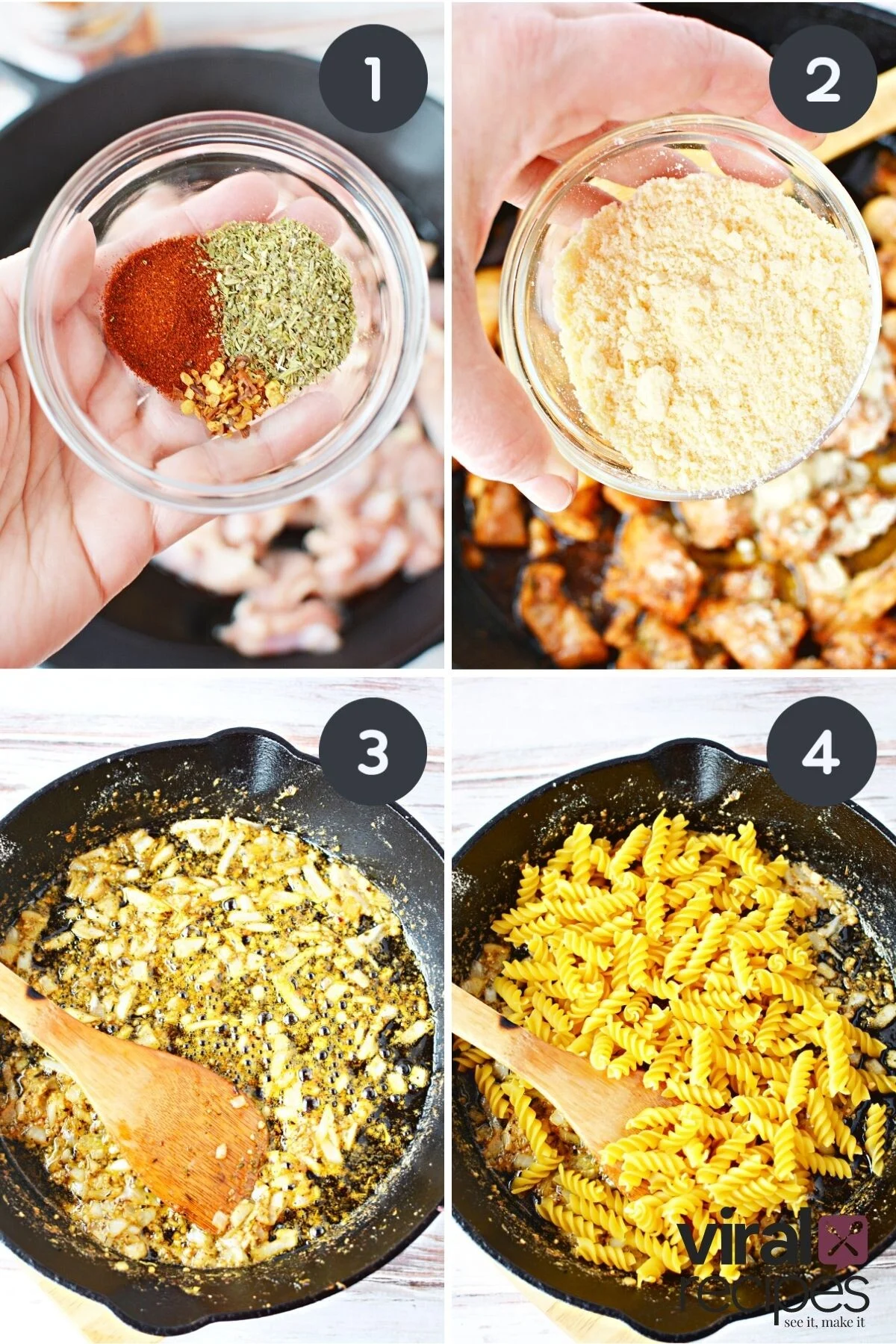viral chicken pasta recipe with 4 images showing step by step instructions.