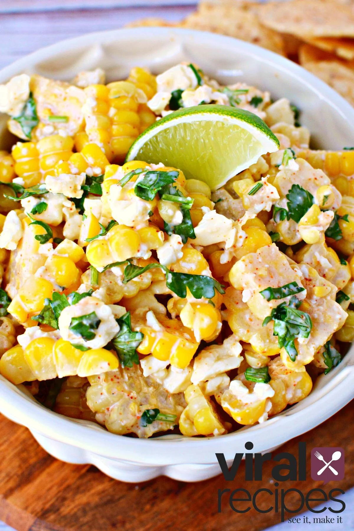 mexican street corn dip in a white bowl.