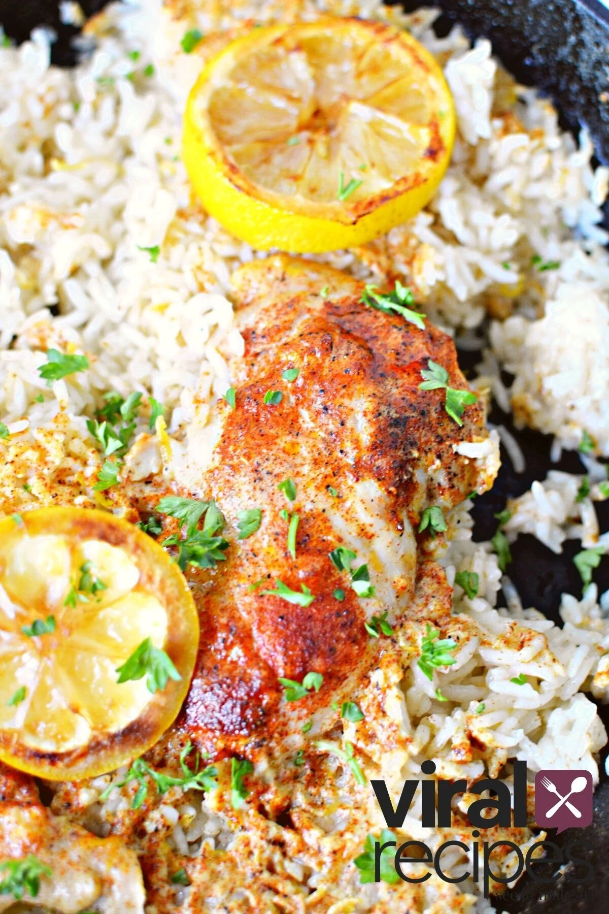 chicken and rice bake in a cast iron pan.