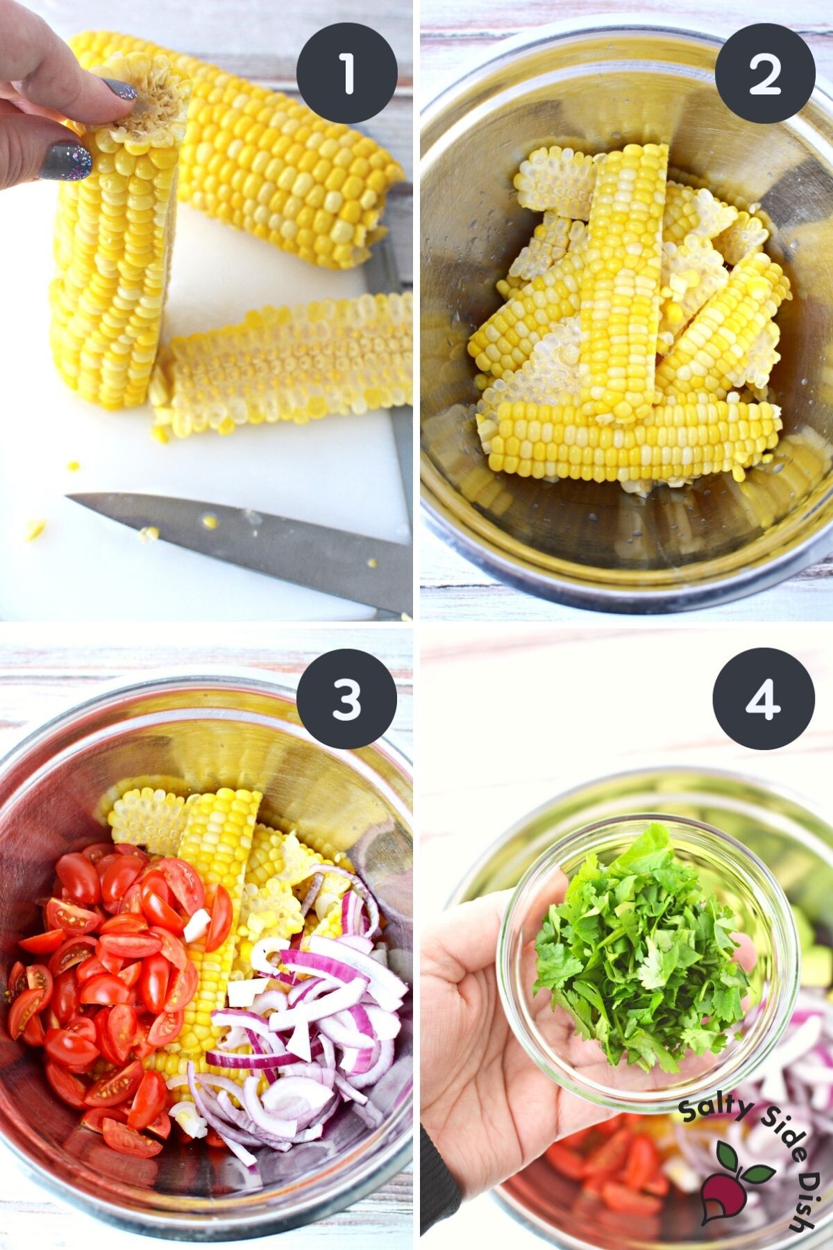 corn salad being assembled.