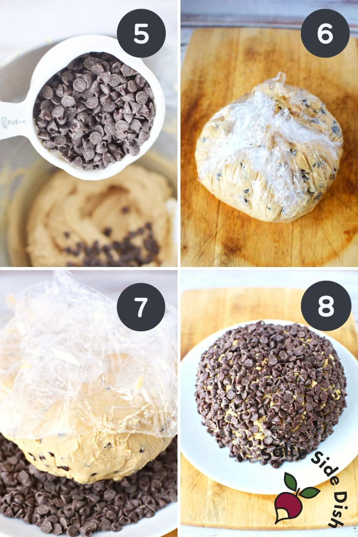 adding chocolate chips to peanut butter cheeseball.