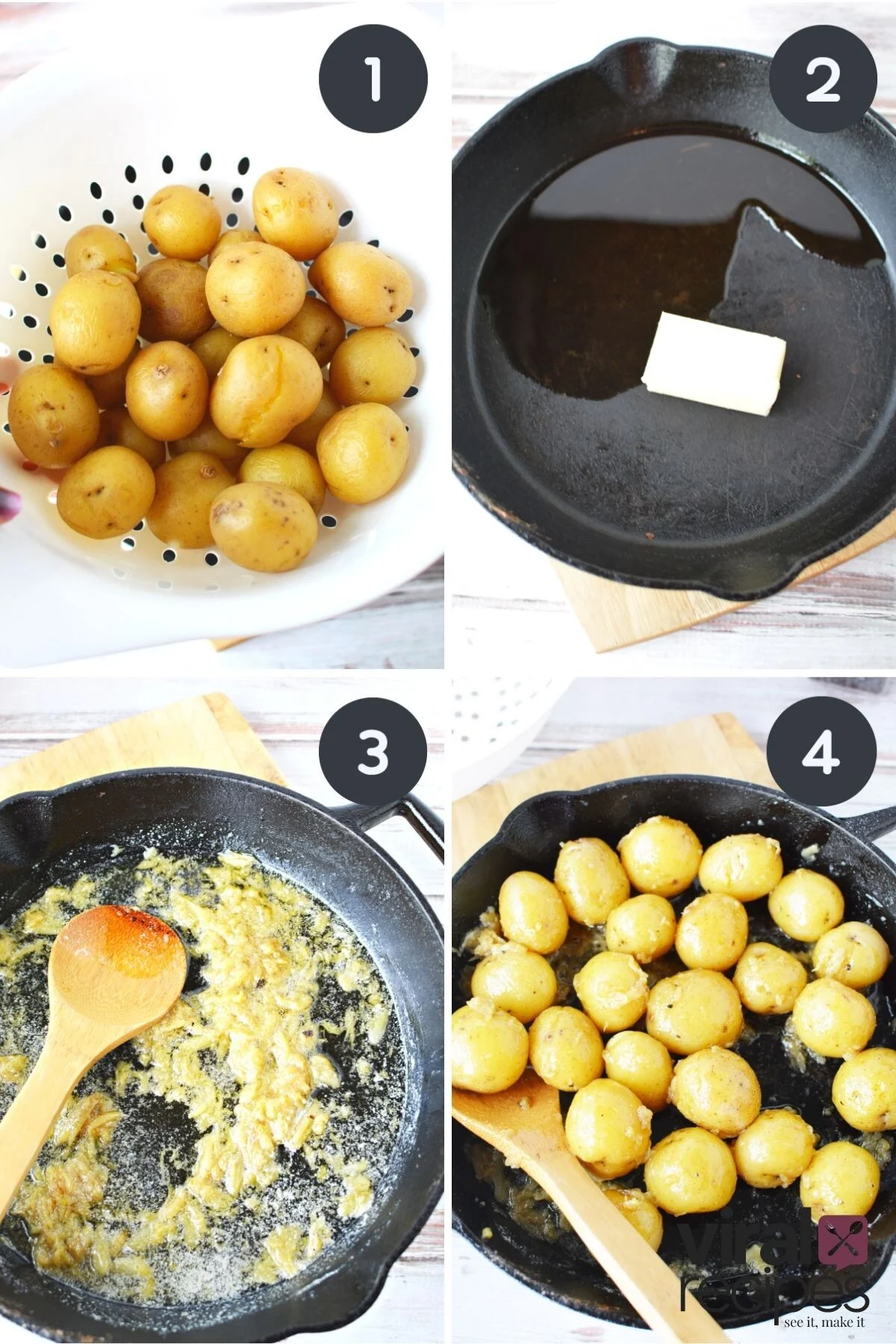 cast iron potatoes with fresh garlic and butter.