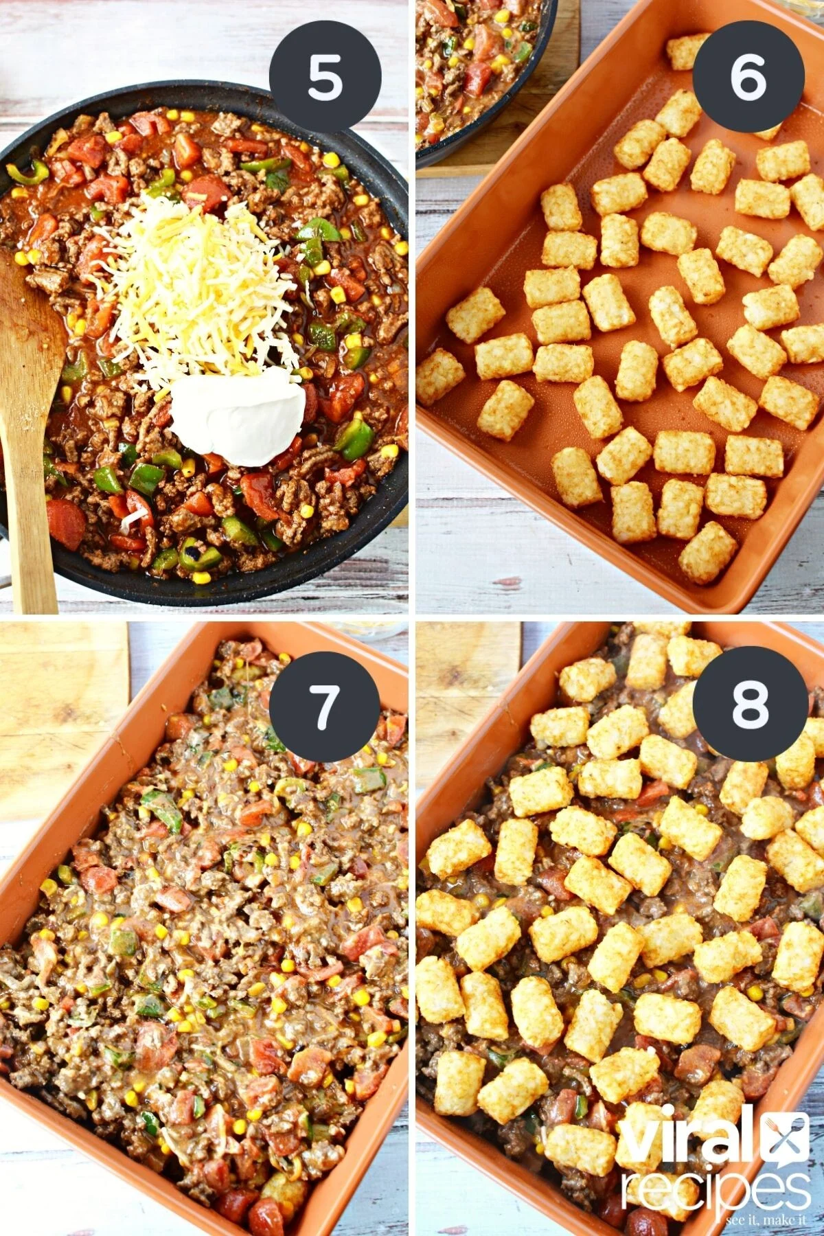 spreading tater tots in baking dish and adding meat mixture.