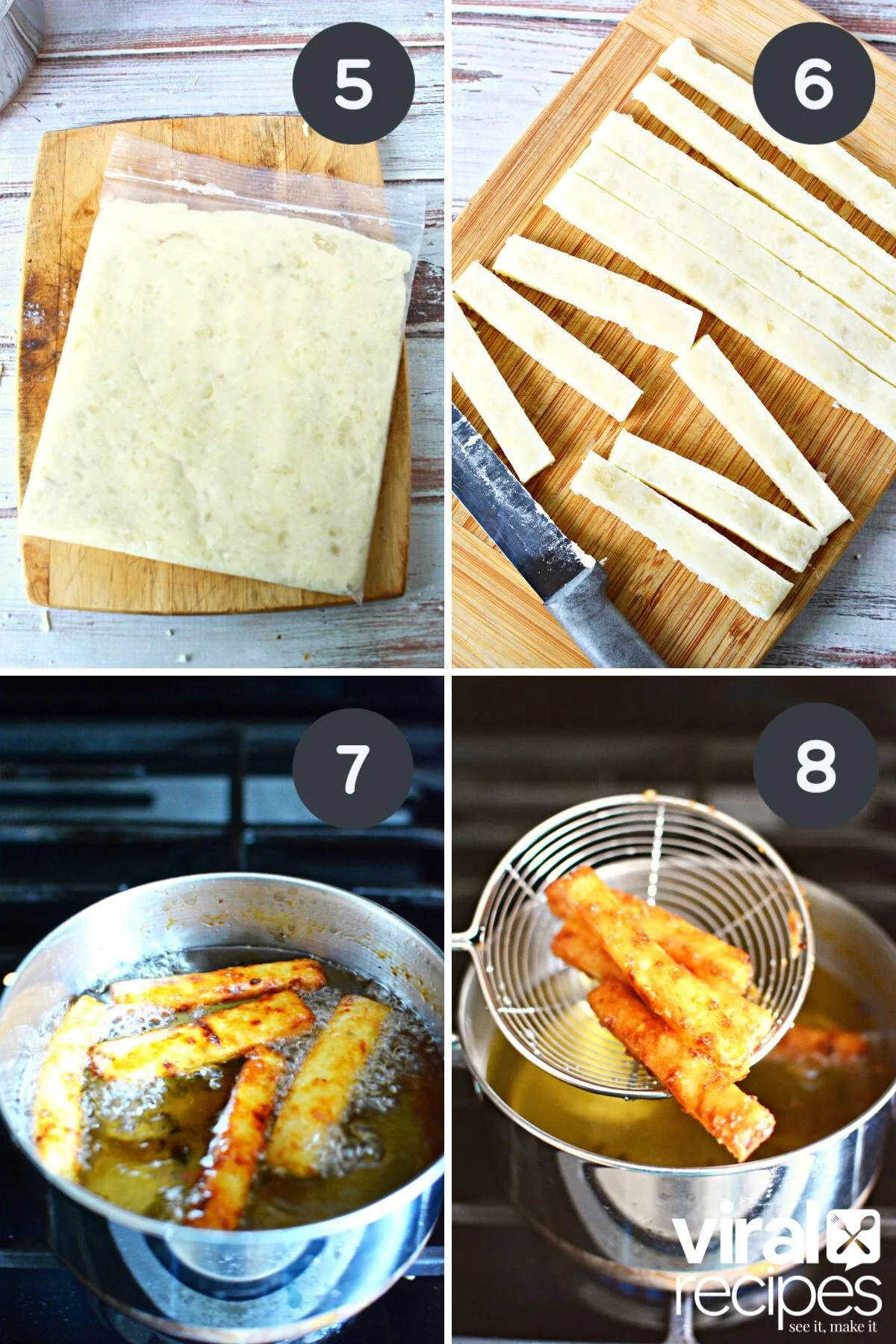 mashed potato sticks being fried stovetop.
