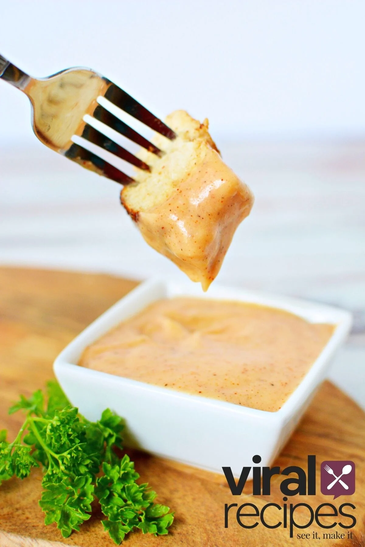 homemade dipping sauce on a fork.