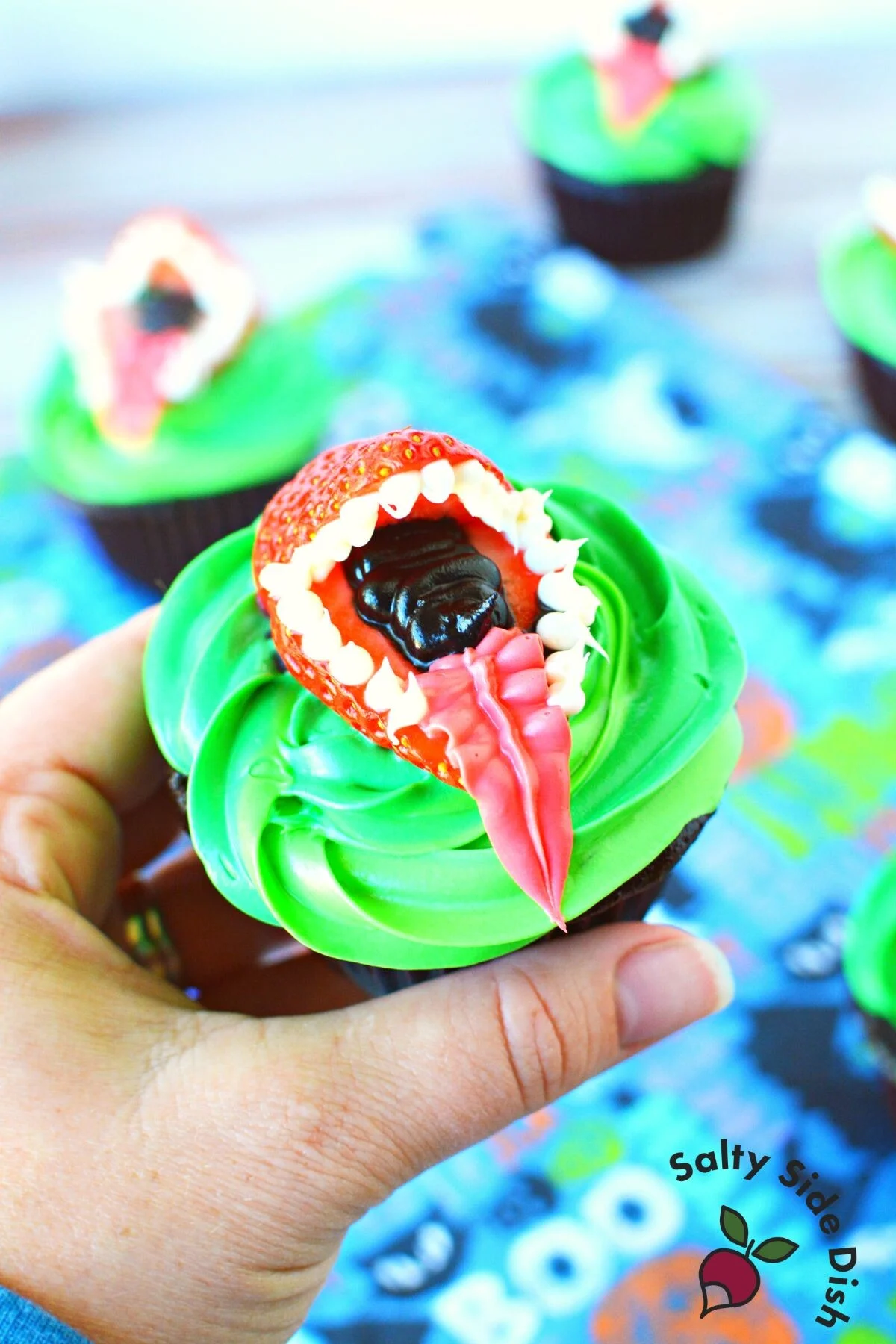 easy Halloween monster recipe with little shop of horrors feed me Seymour cupcakes.