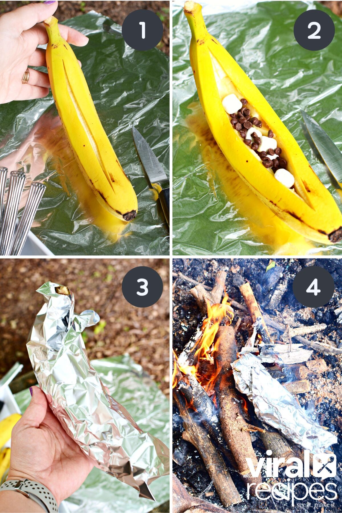 tiktok banana boat recipe showing making over an open campfire.