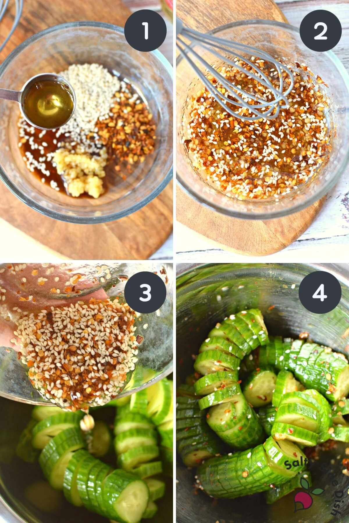 pouring spicy dressing over mini cucumbers in salad bowl.