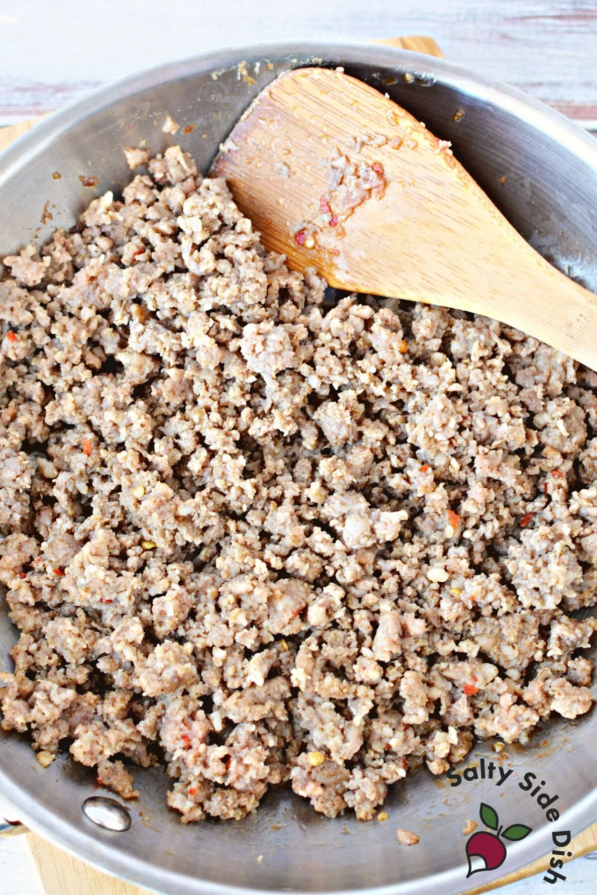 cooked chorizo in a pan.