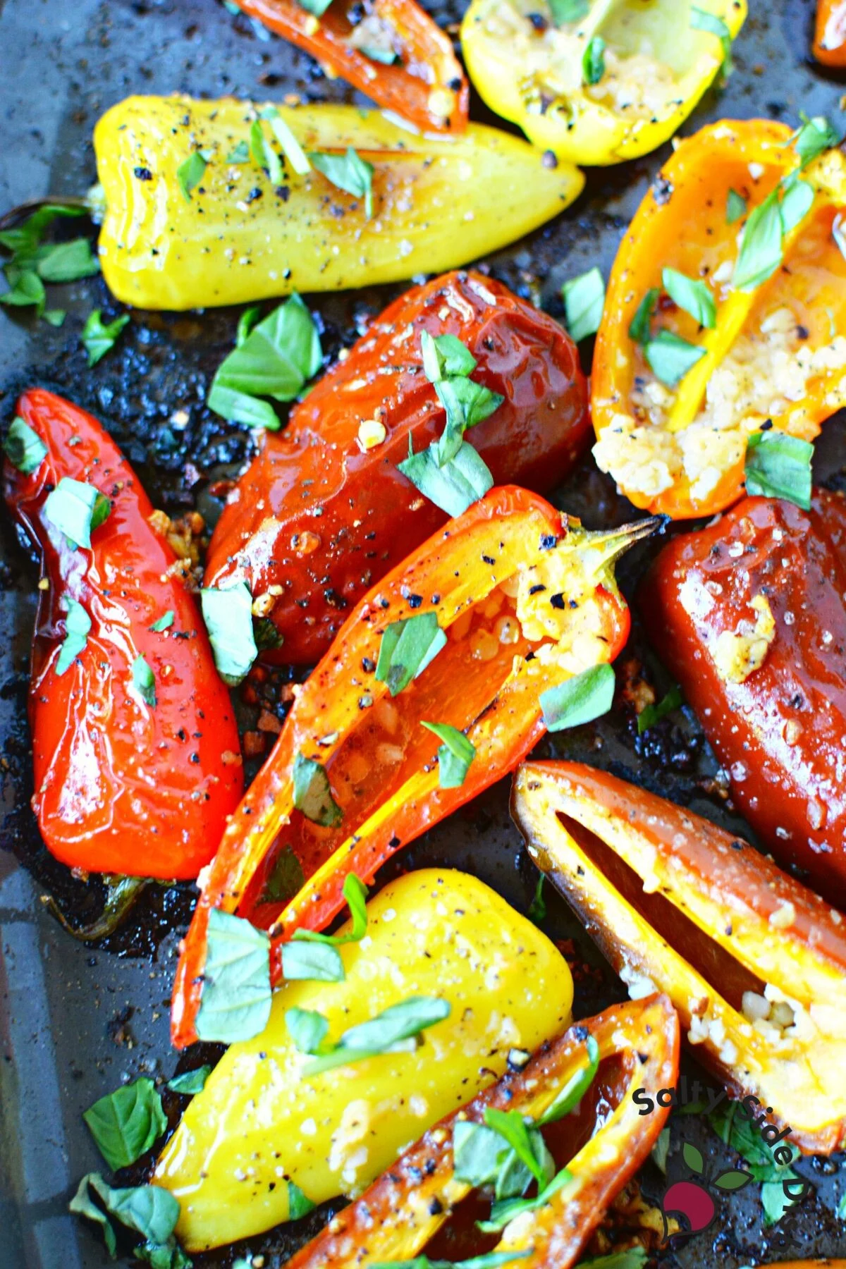 roasted peppers on a pan.