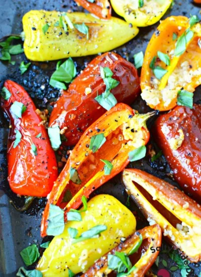 roasted peppers on a pan.