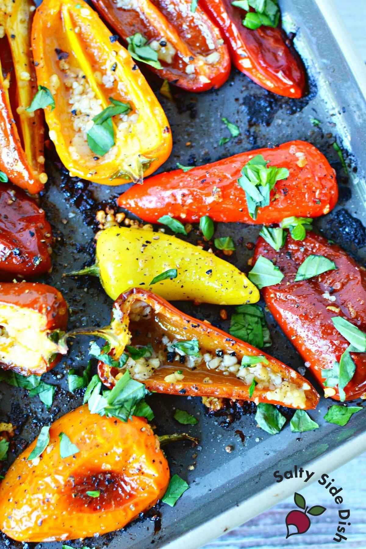 blackened and roasted mini peppers.