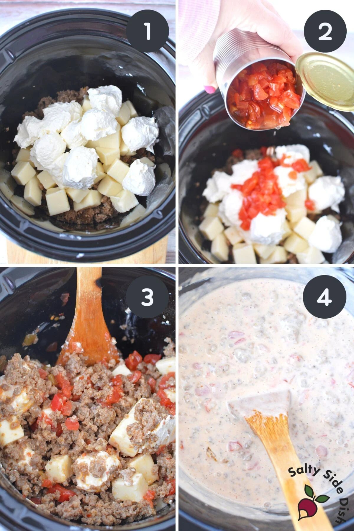 sausage dip in crockpot being combined with all ingredients.