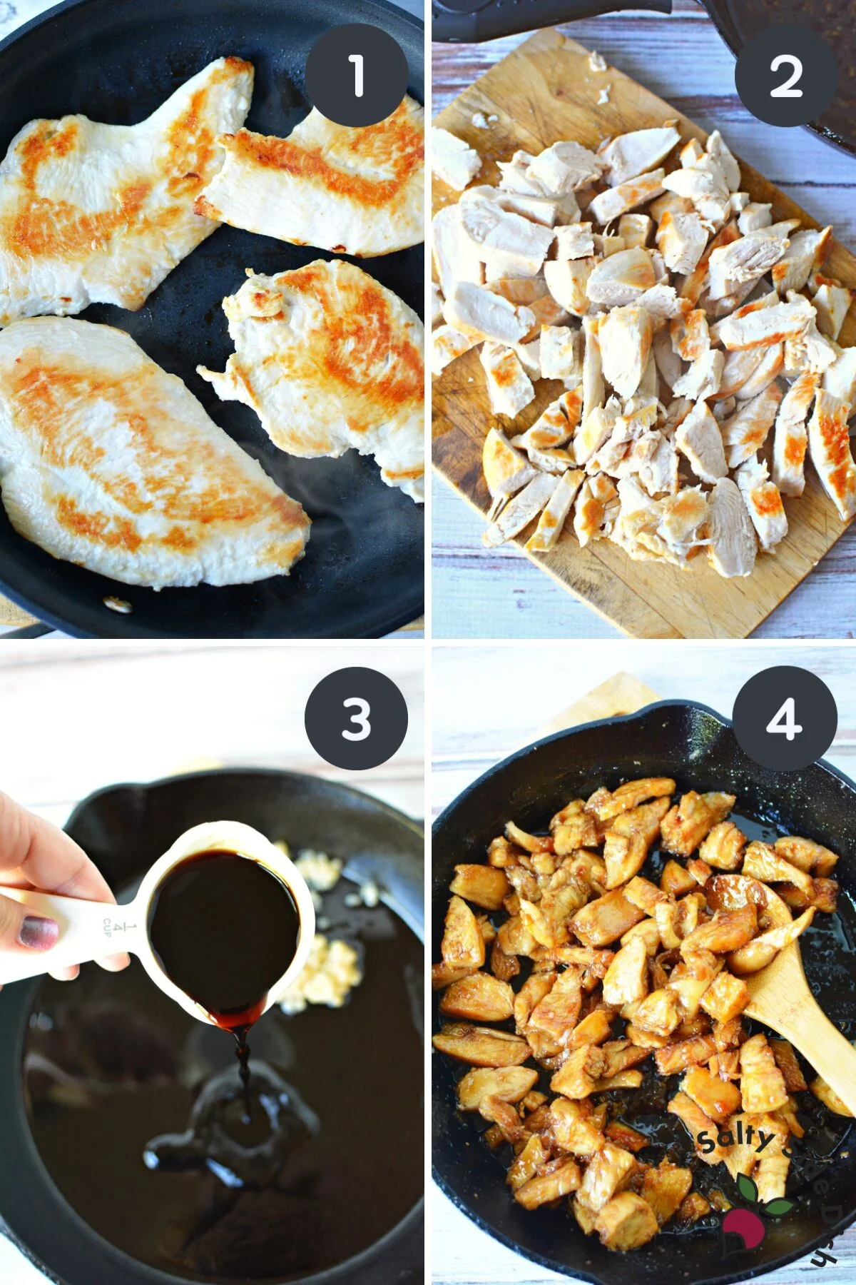 4 image collage on how to make bourbon chicken in a skillet.