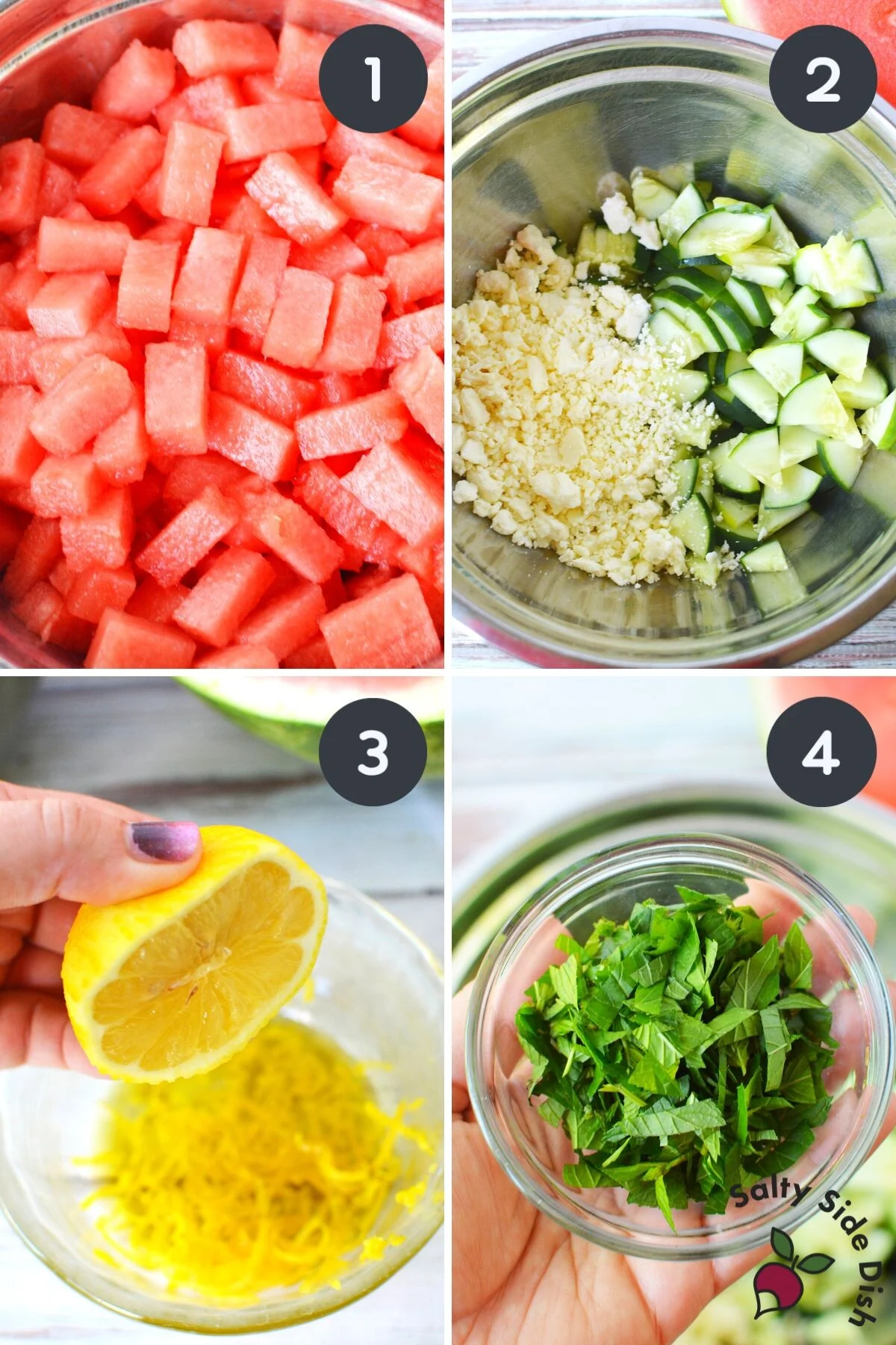 watermelon, cucumber, lemon and herbs to bowl.
