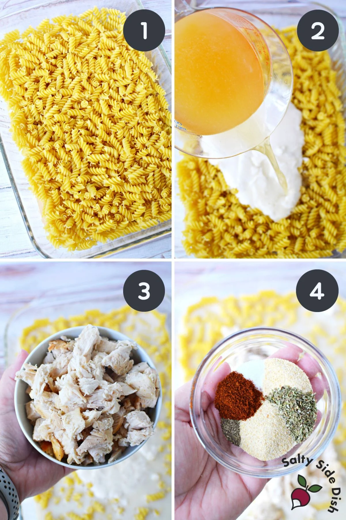 adding ingredients to the casserole dish.
