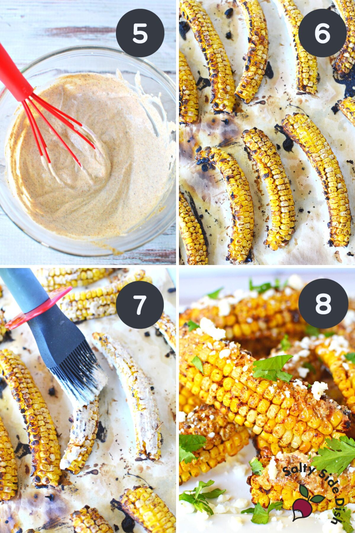 spreading elote style corn sauce on mexican corn ribs.