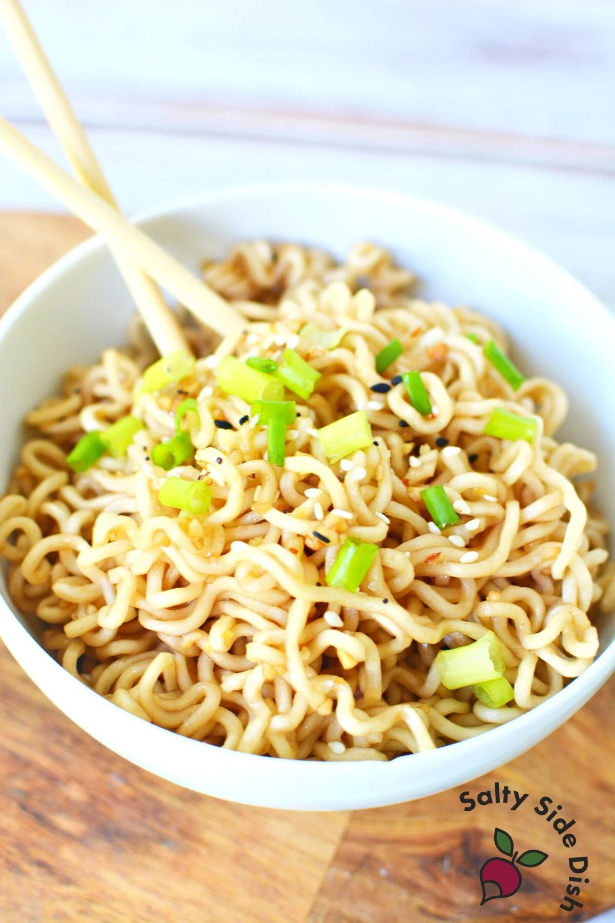 ramen noodle recipe in a white bowl.