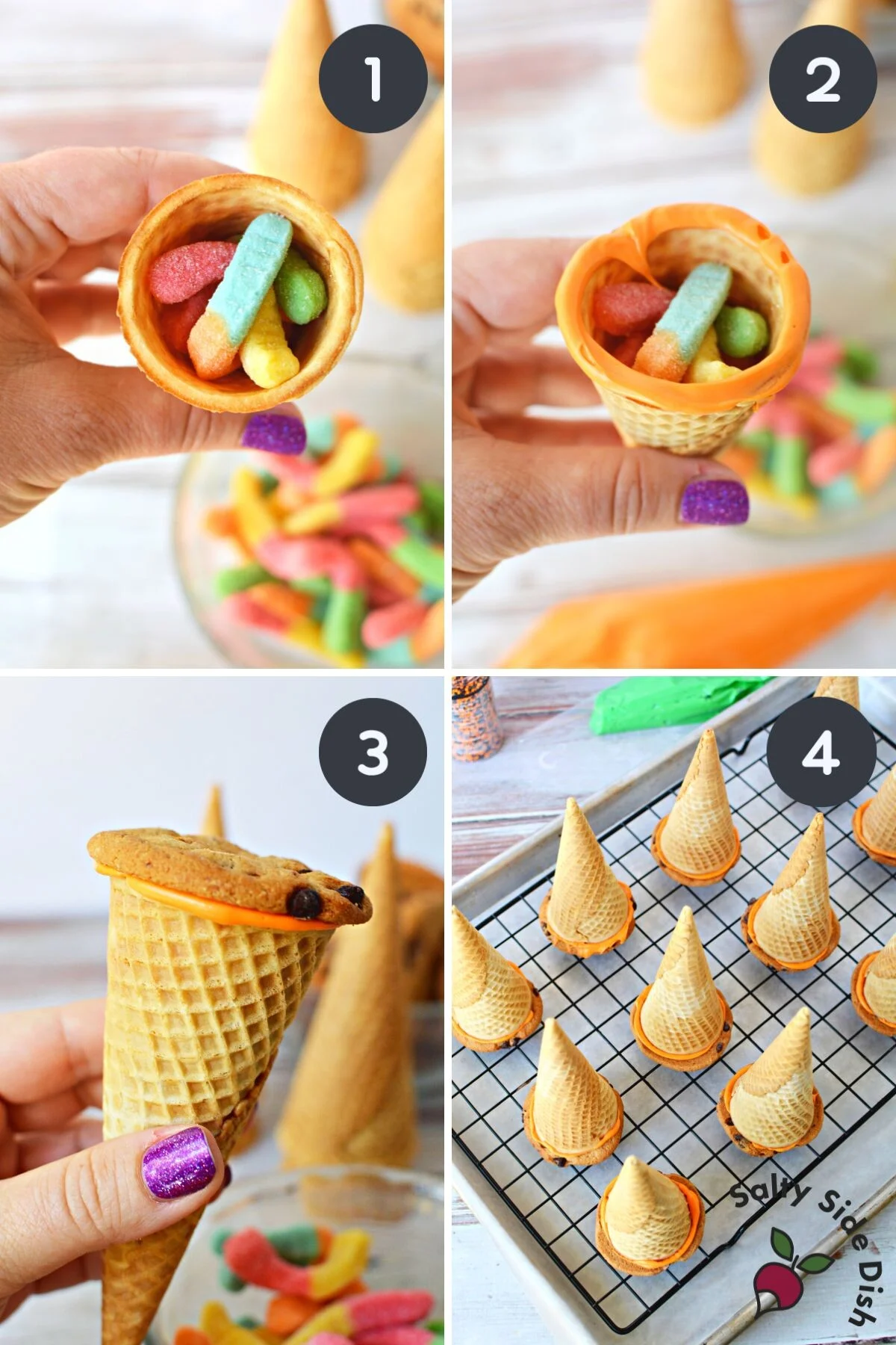 ice cream cone witch hats with stuffed candy worms.