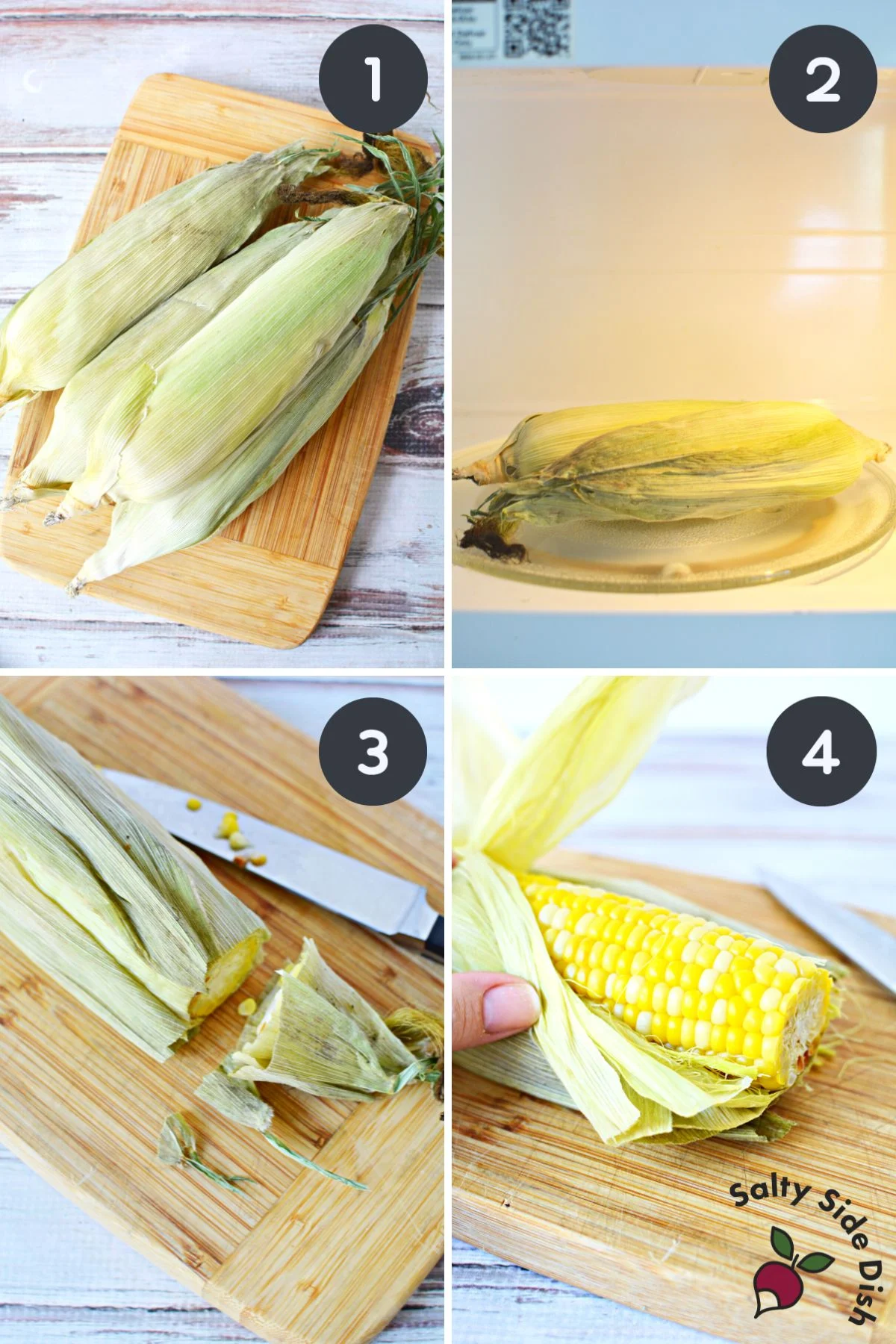 Step by step on how to make corn in the microwave.